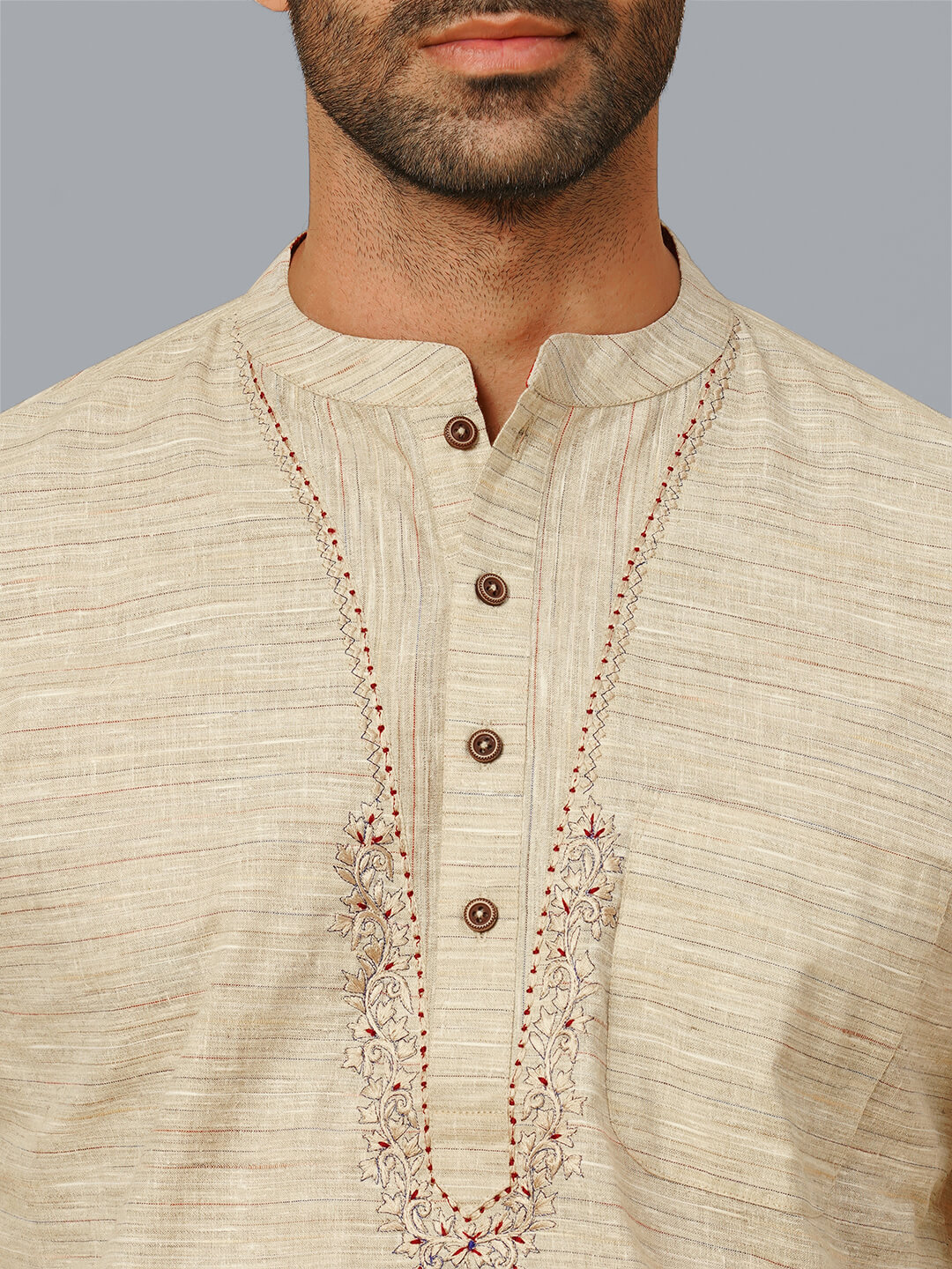 Beige color poly cotton embroidery men short kurta - Image 5
