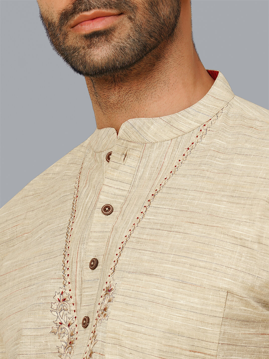Beige color poly cotton embroidery men short kurta - Image 6