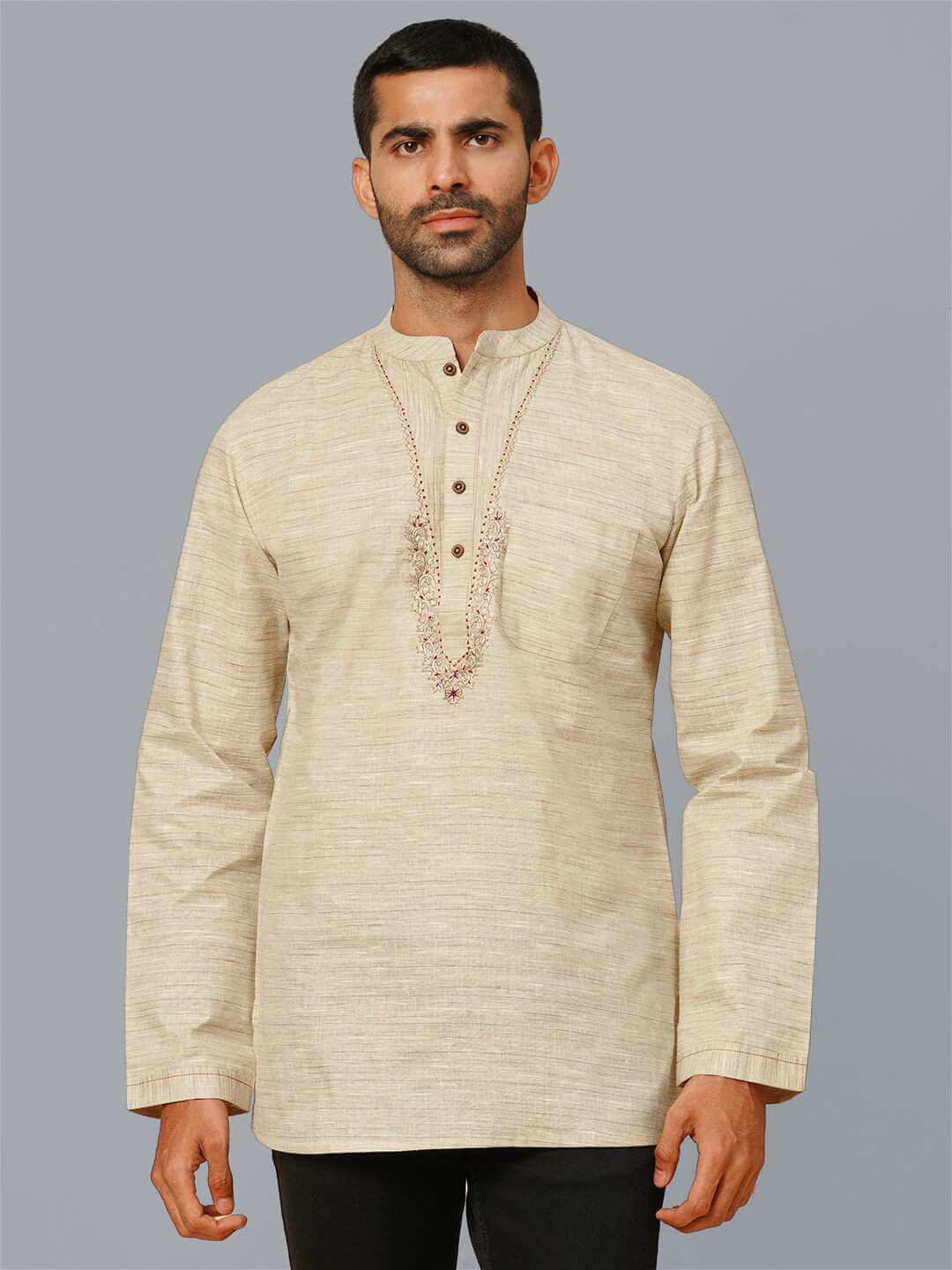 Beige color poly cotton embroidery men short kurta - Image 3