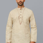 Beige color poly cotton embroidery men short kurta