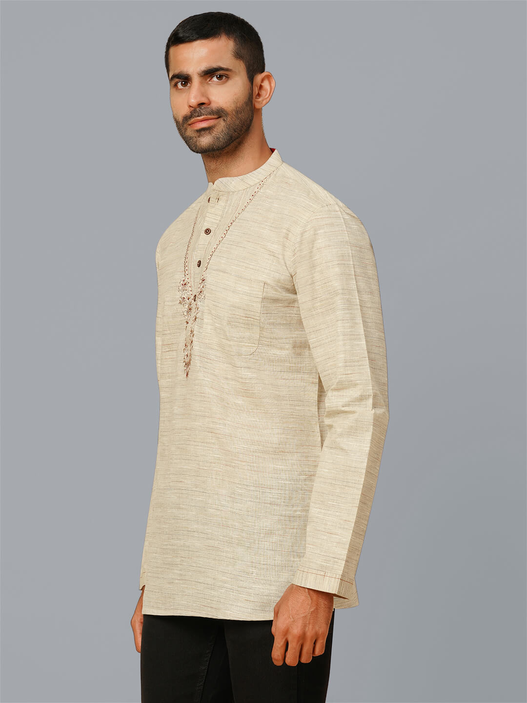 Beige color poly cotton embroidery men short kurta - Image 2