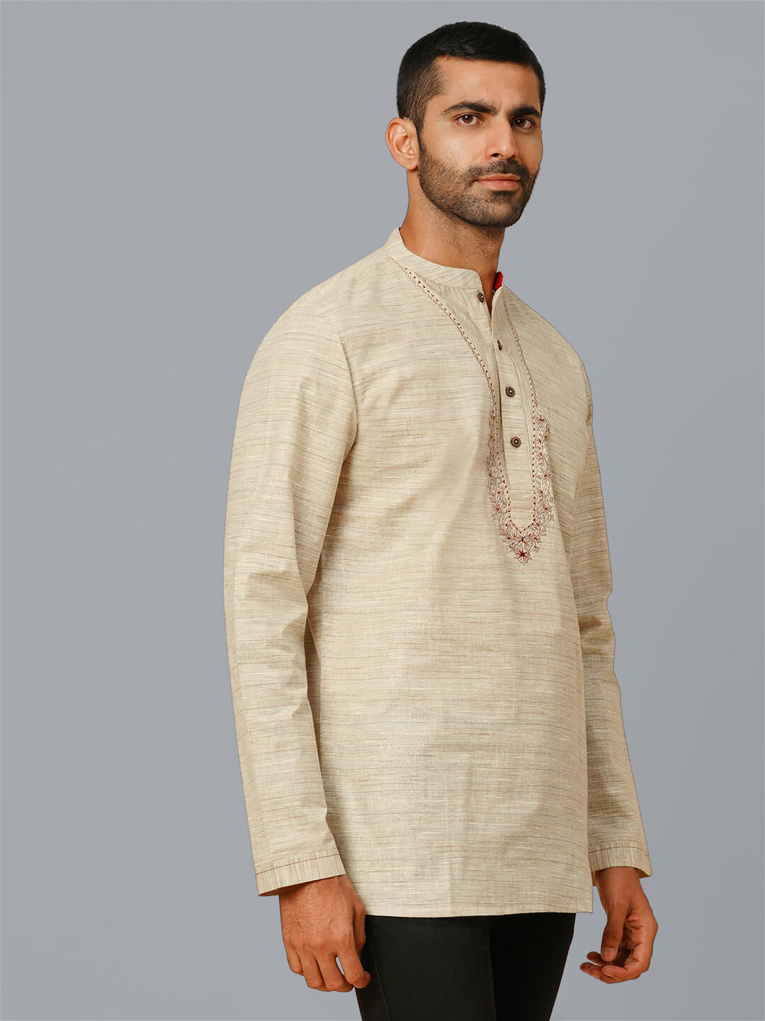Beige color poly cotton embroidery men short kurta - Image 7