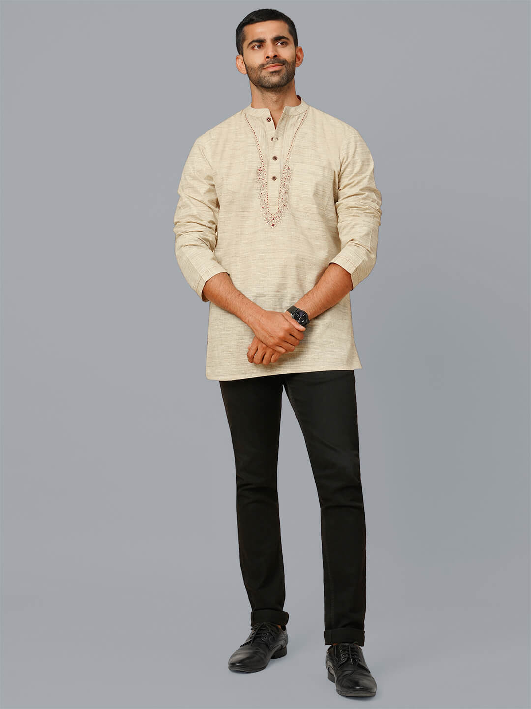 Beige color poly cotton embroidery men short kurta - Image 8