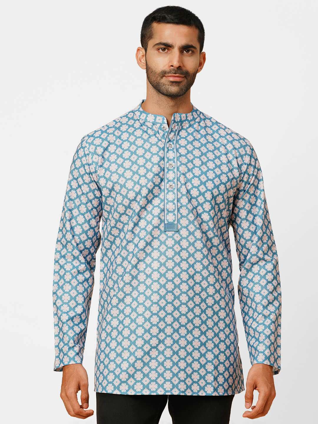 Sky blue poly cotton digital printed men short kurta