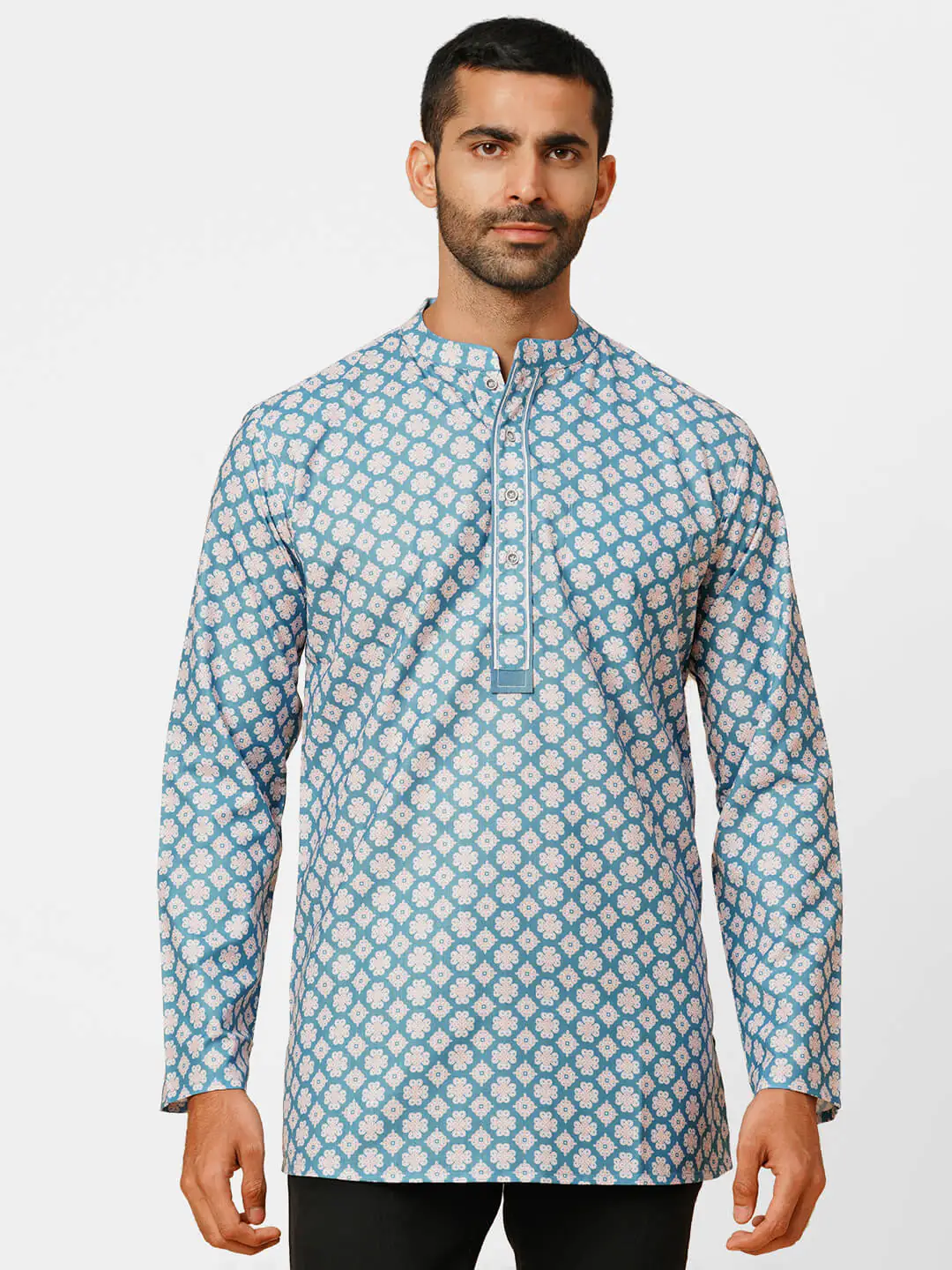 Sky blue poly cotton digital printed men short kurta