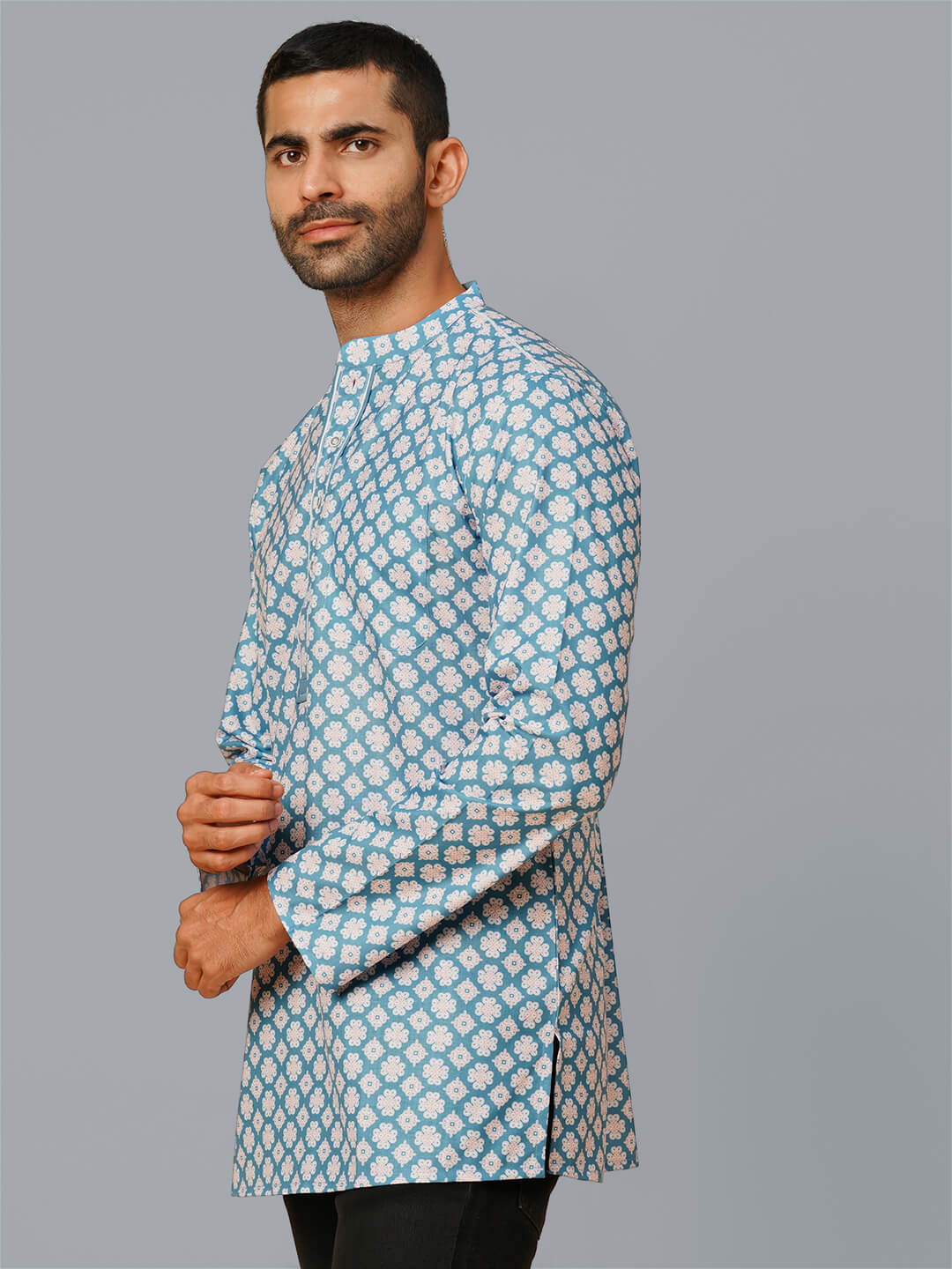 Sky blue poly cotton digital printed men short kurta - Image 2