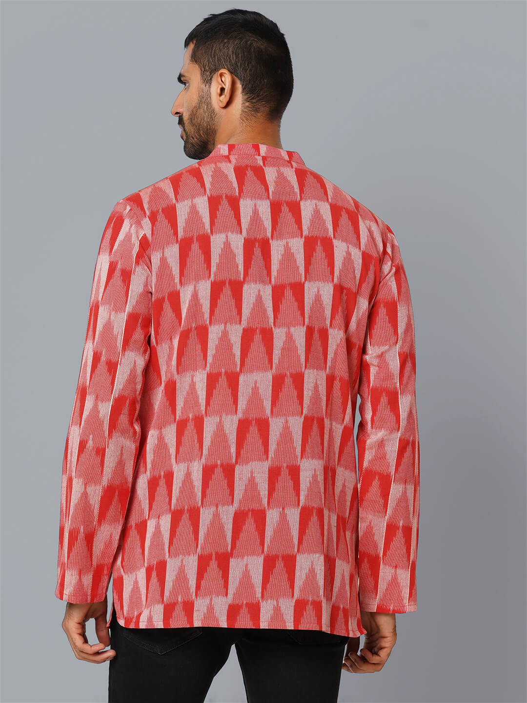 Red color Ikkat cotton handloom pintuck men short kurta - Image 2