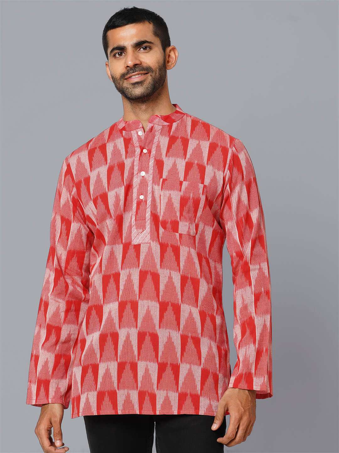 Red color Ikkat cotton handloom pintuck men short kurta