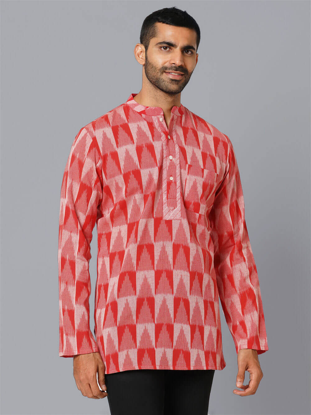 Red color Ikkat cotton handloom pintuck men short kurta - Image 5
