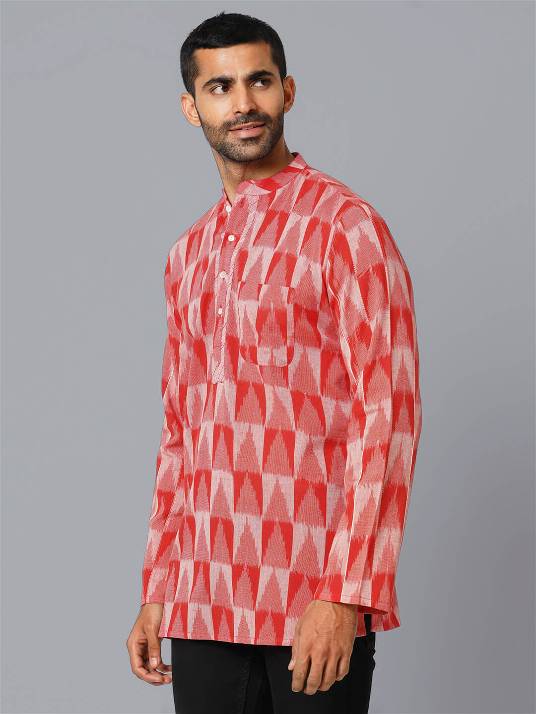 Red color Ikkat cotton handloom pintuck men short kurta - Image 6