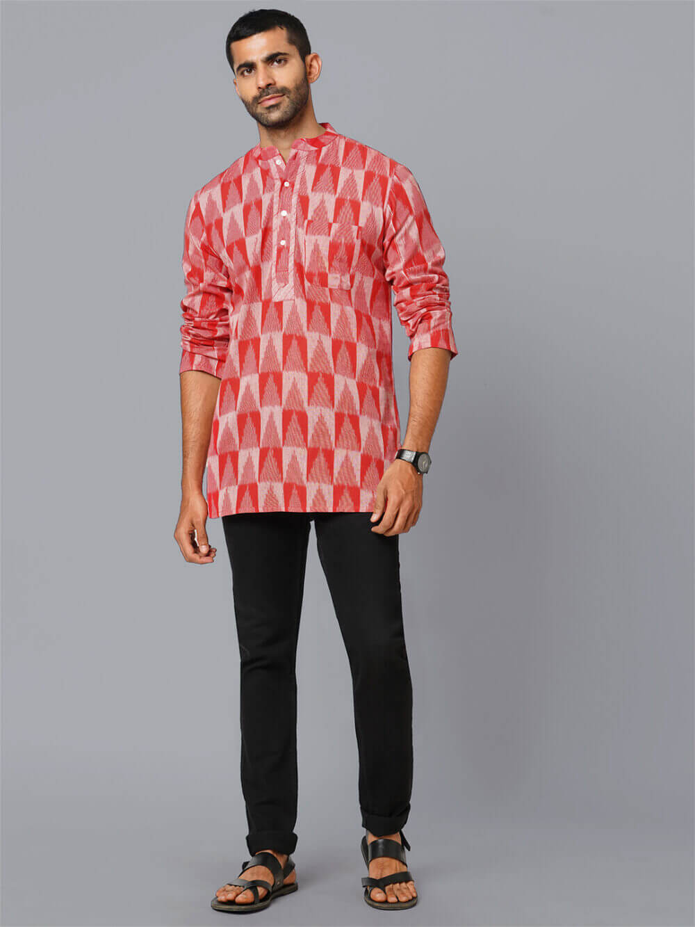 Red color Ikkat cotton handloom pintuck men short kurta - Image 7