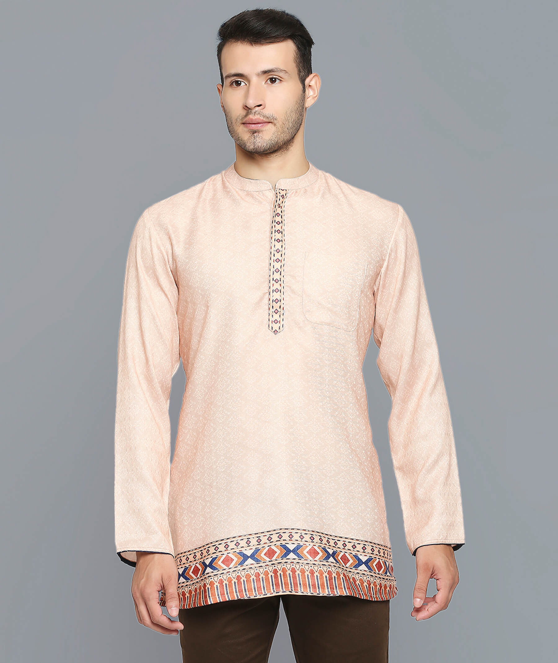 Ivory pashmina weave poly cotton digital printed men short kurta - Image 2