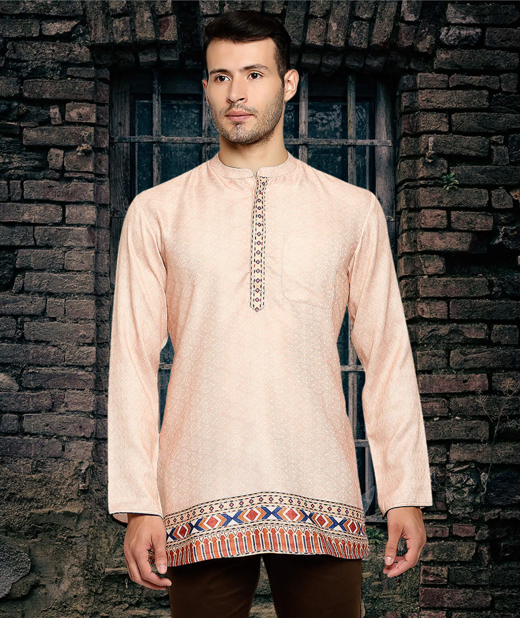 Ivory pashmina weave poly cotton digital printed men short kurta
