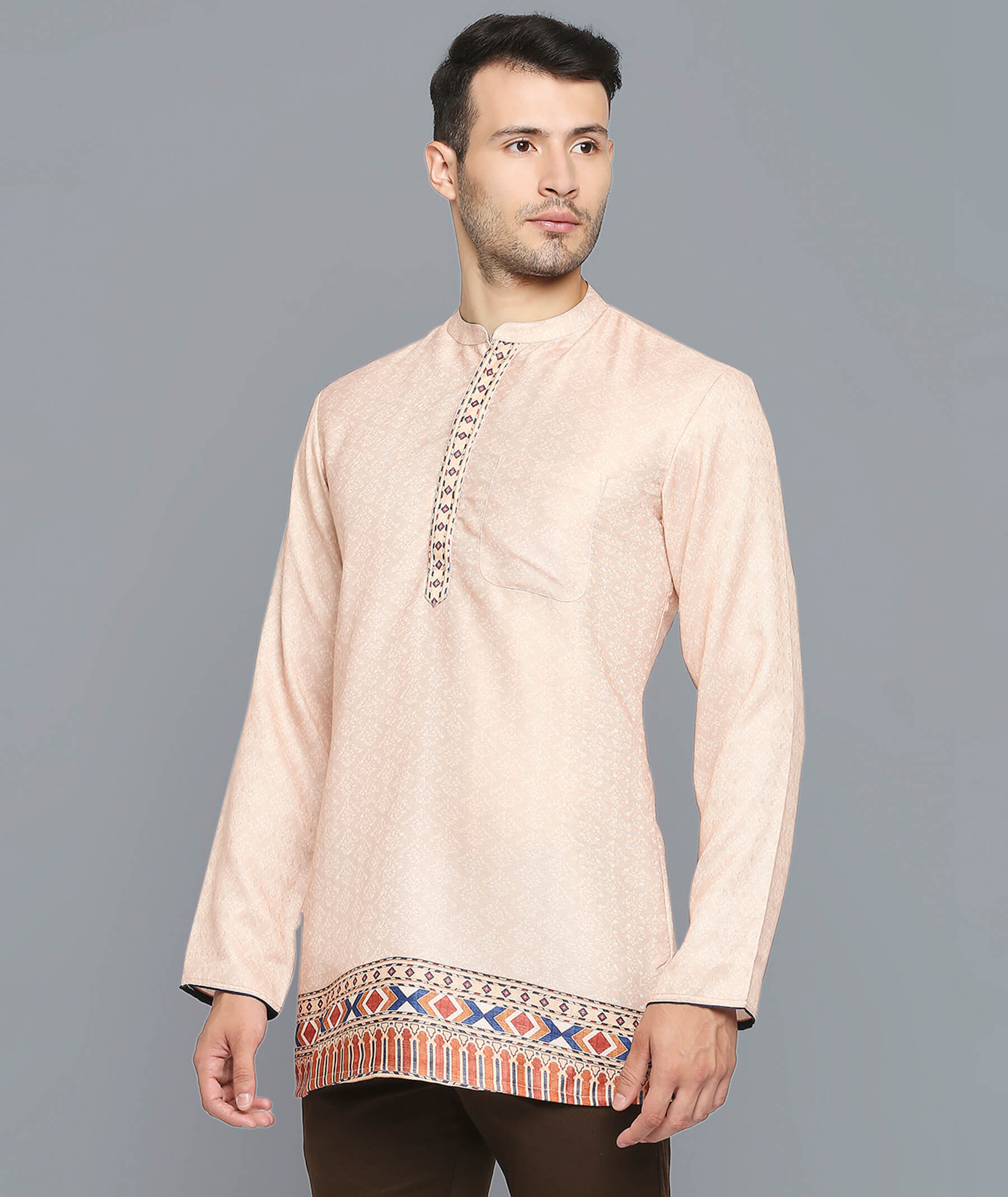 Ivory pashmina weave poly cotton digital printed men short kurta - Image 3