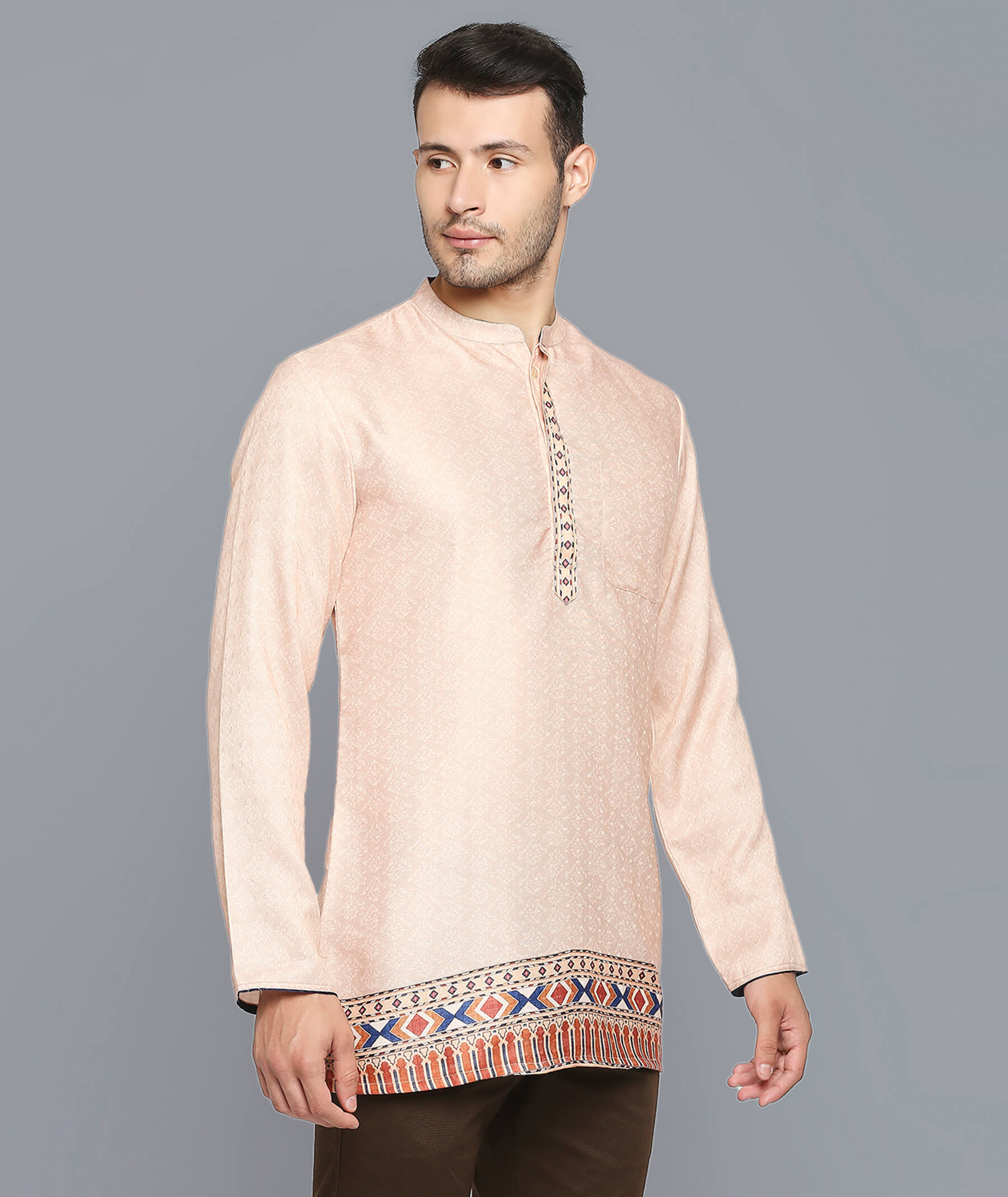 Ivory pashmina weave poly cotton digital printed men short kurta - Image 4