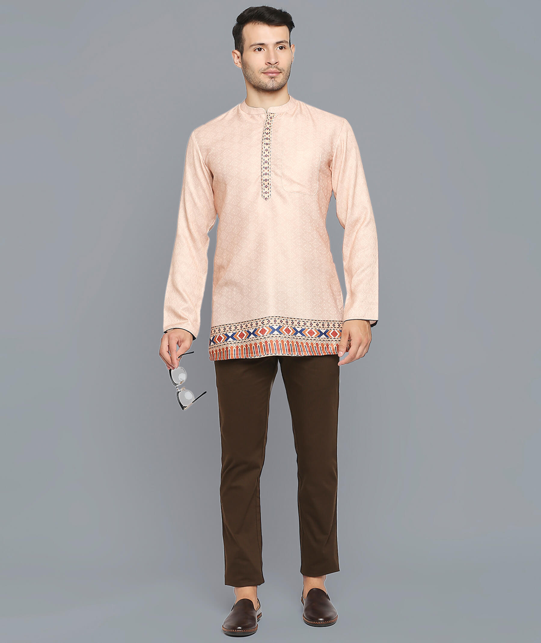 Ivory pashmina weave poly cotton digital printed men short kurta - Image 6