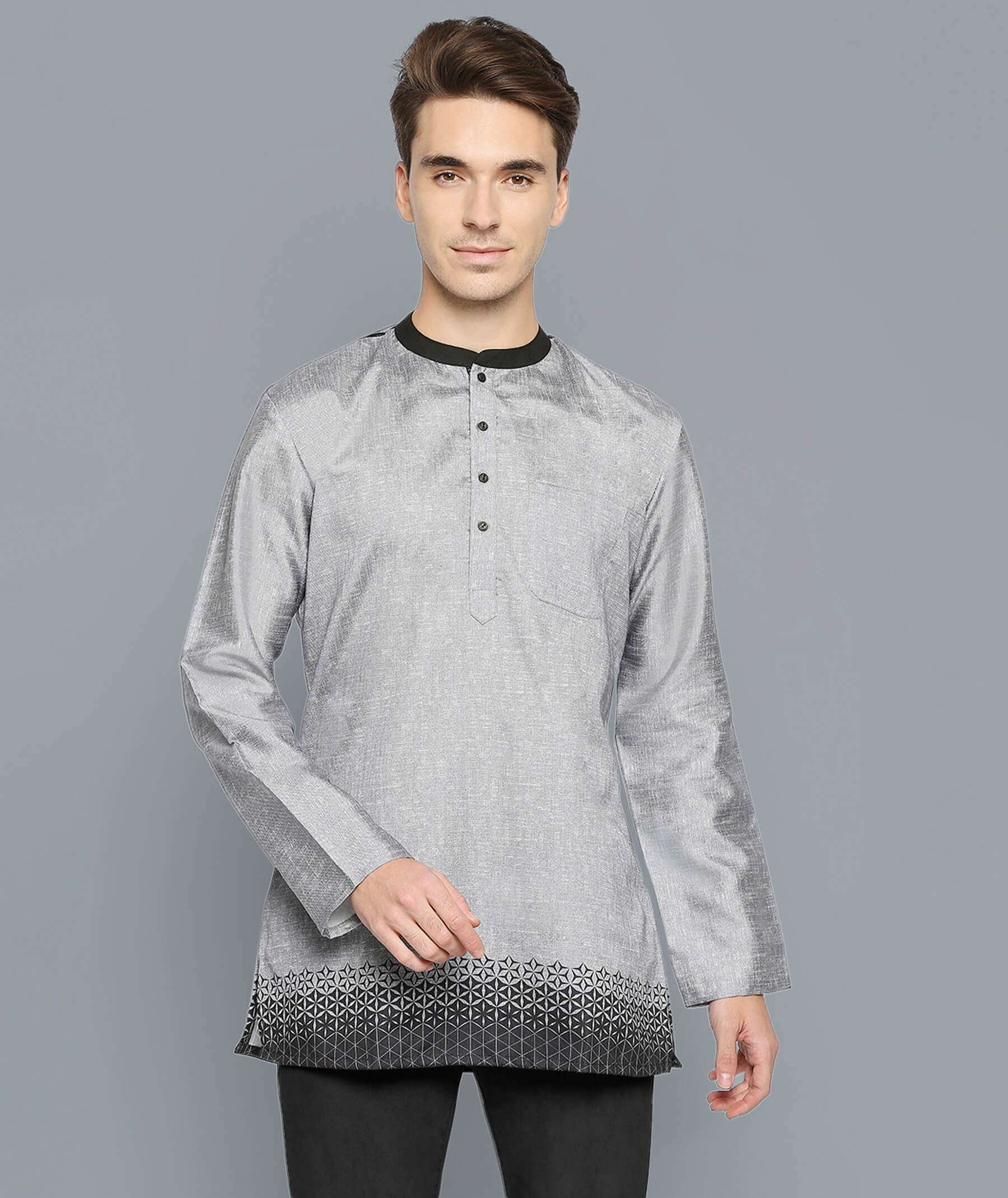 Grey poly cotton digital printed dupion slub men short kurta