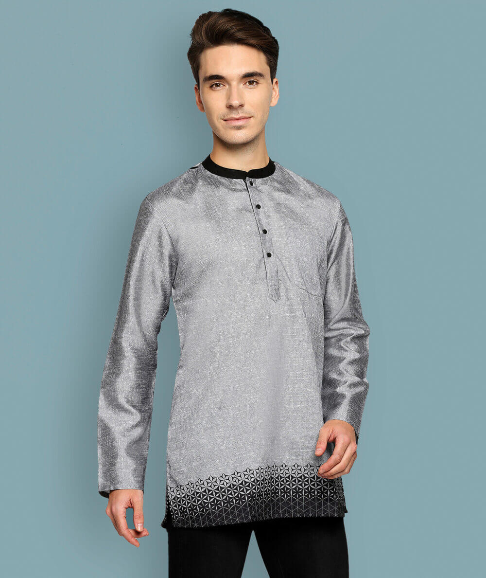 Grey poly cotton digital printed dupion slub men short kurta - Image 3