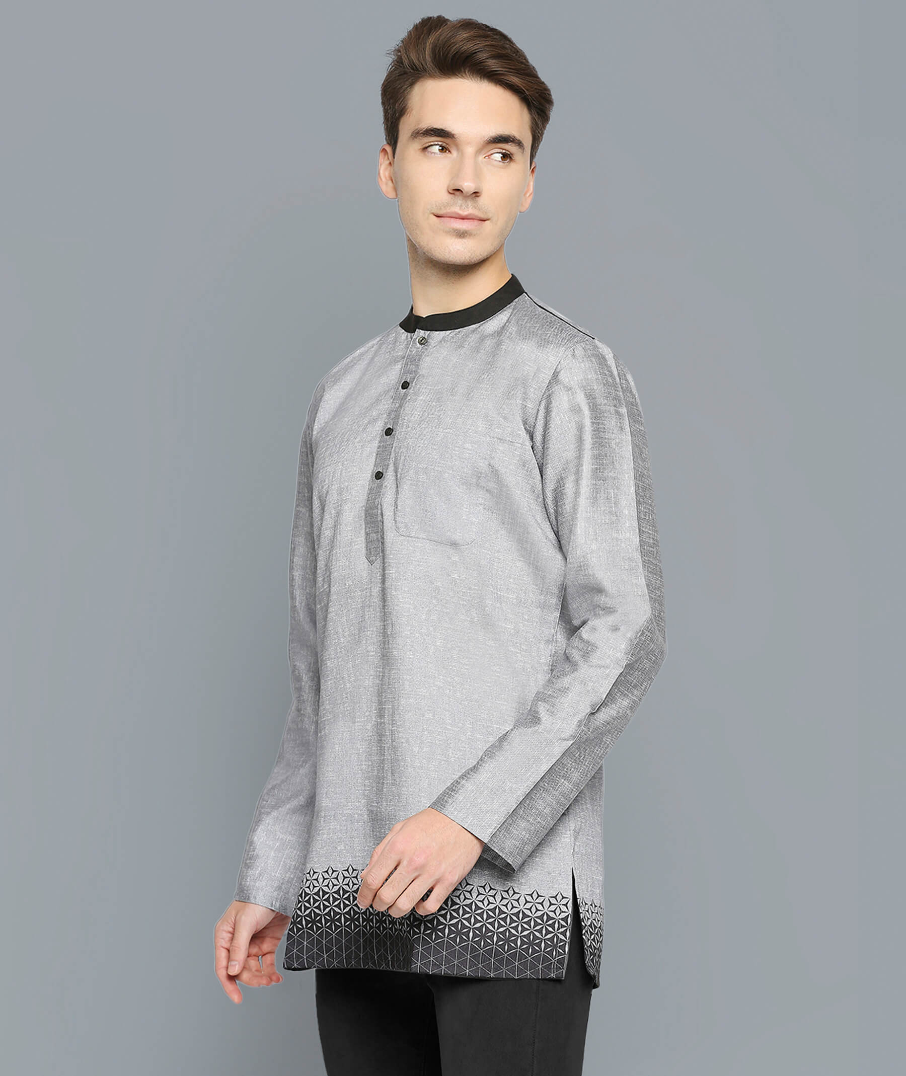 Grey poly cotton digital printed dupion slub men short kurta - Image 4