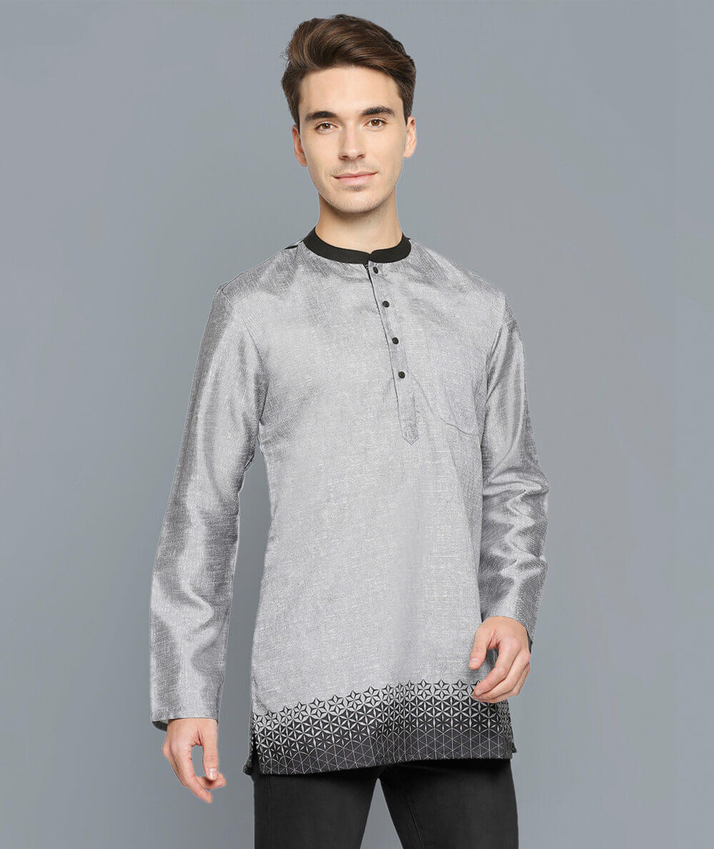 Grey poly cotton digital printed dupion slub men short kurta - Image 6