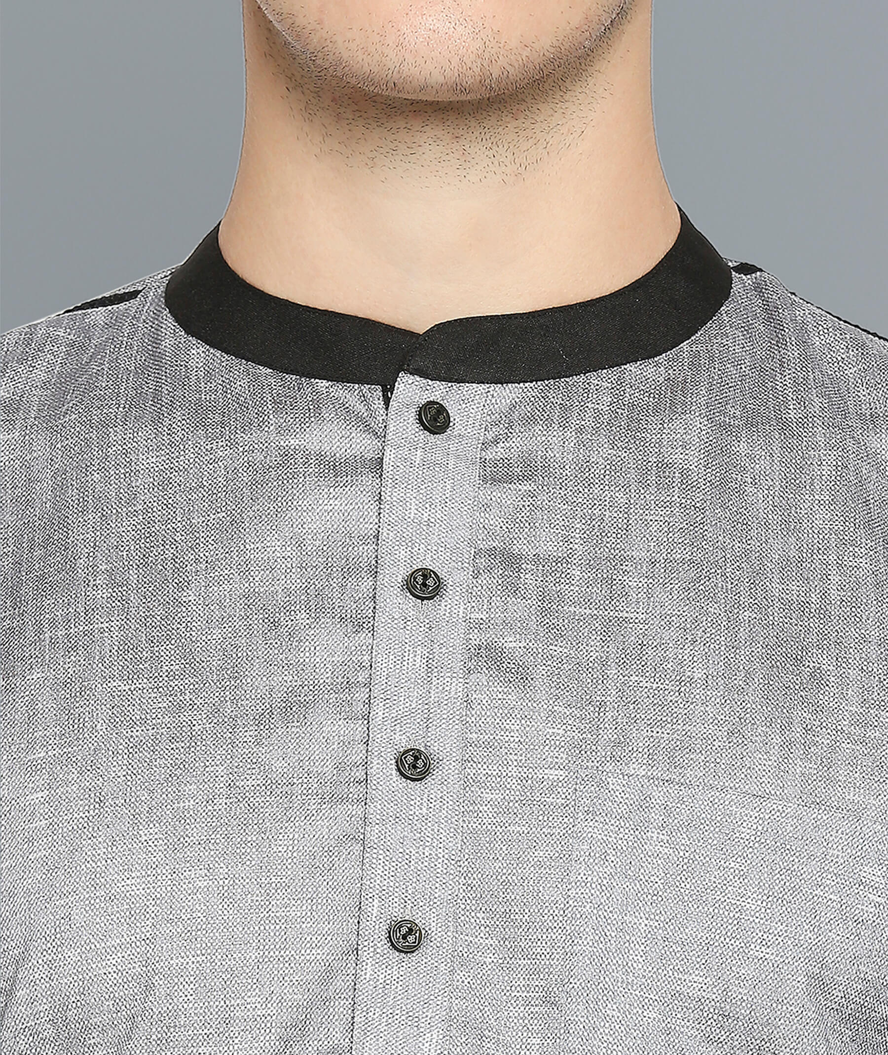 Grey poly cotton digital printed dupion slub men short kurta - Image 5