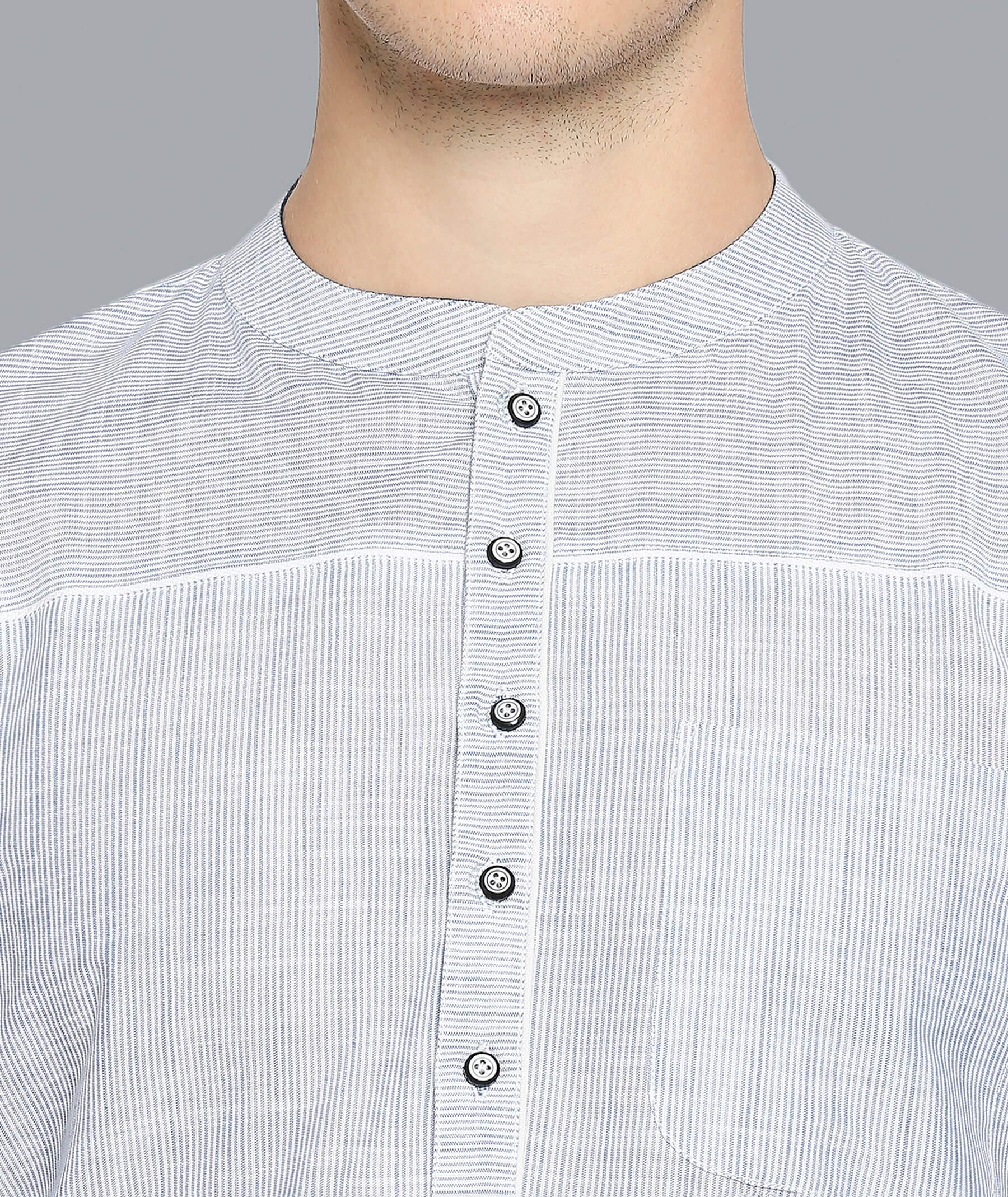 White cotton with blue stripes men short kurta - Image 7