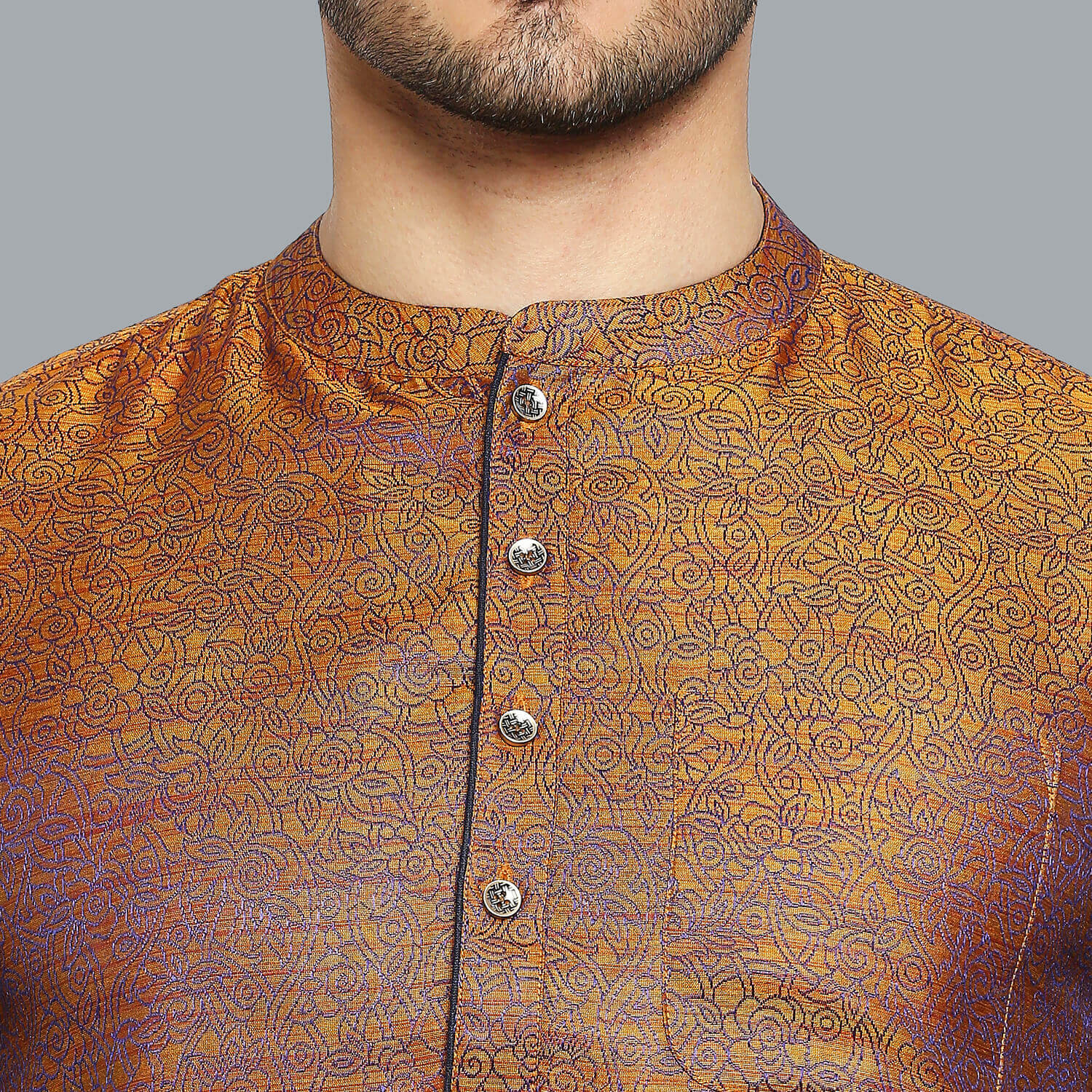 Golden Banarsi poly cotton blue thread weave men short kurta - Image 6