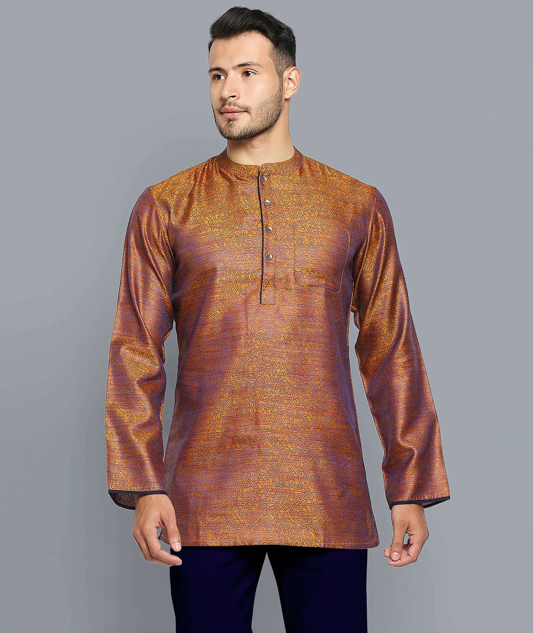 Golden Banarsi poly cotton blue thread weave men short kurta