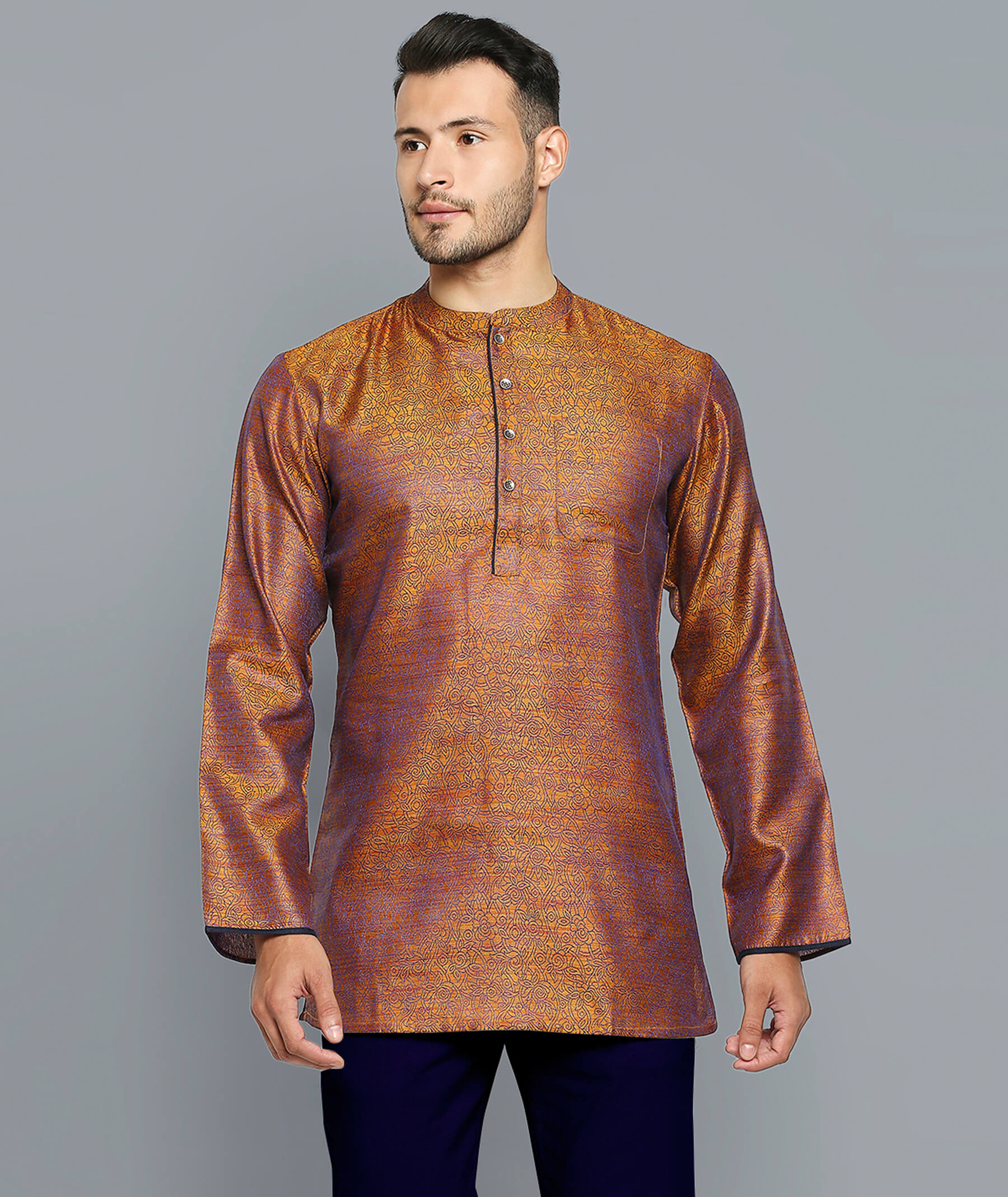 Golden Banarsi poly cotton blue thread weave men short kurta - Image 2