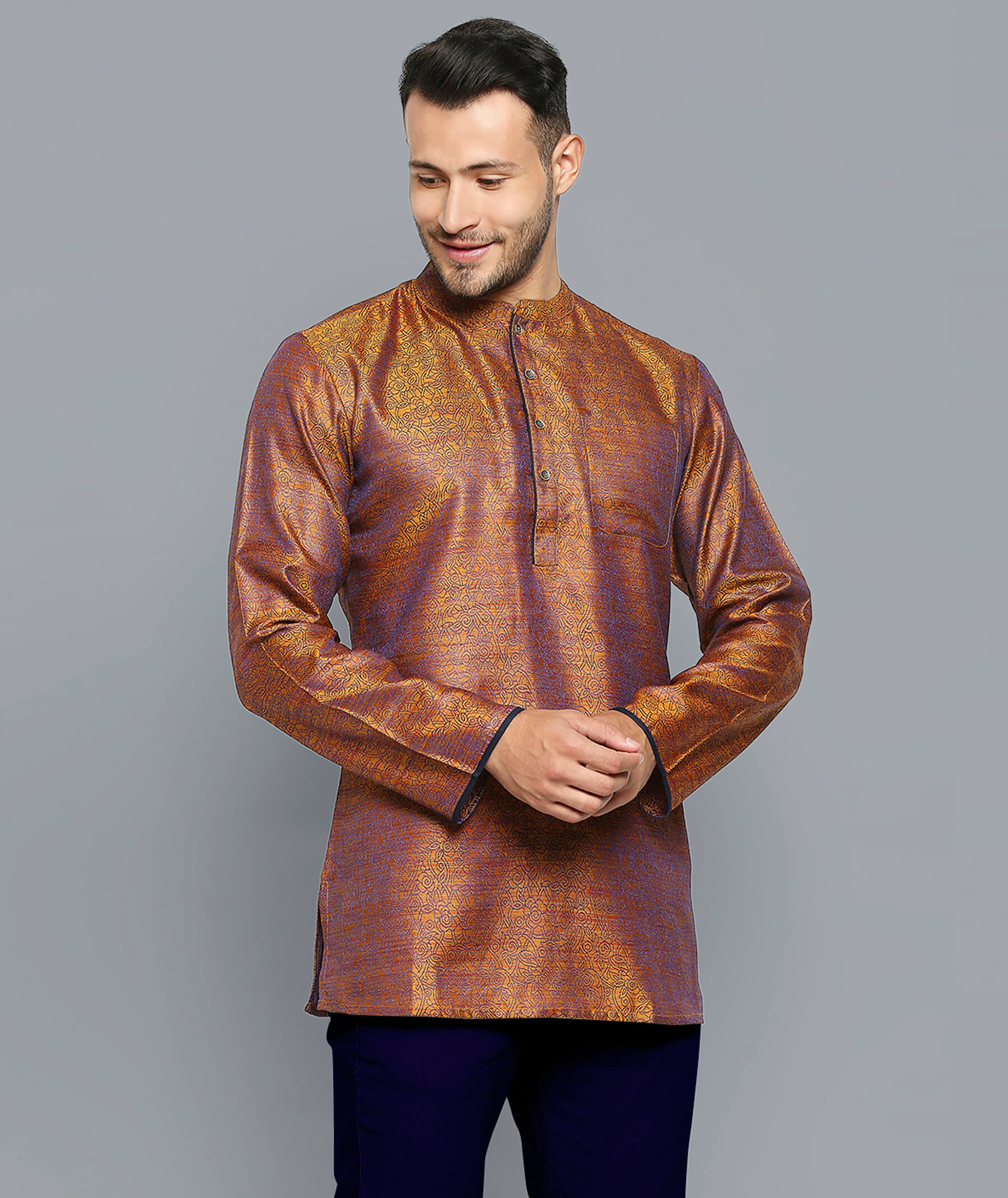 Golden Banarsi poly cotton blue thread weave men short kurta - Image 3