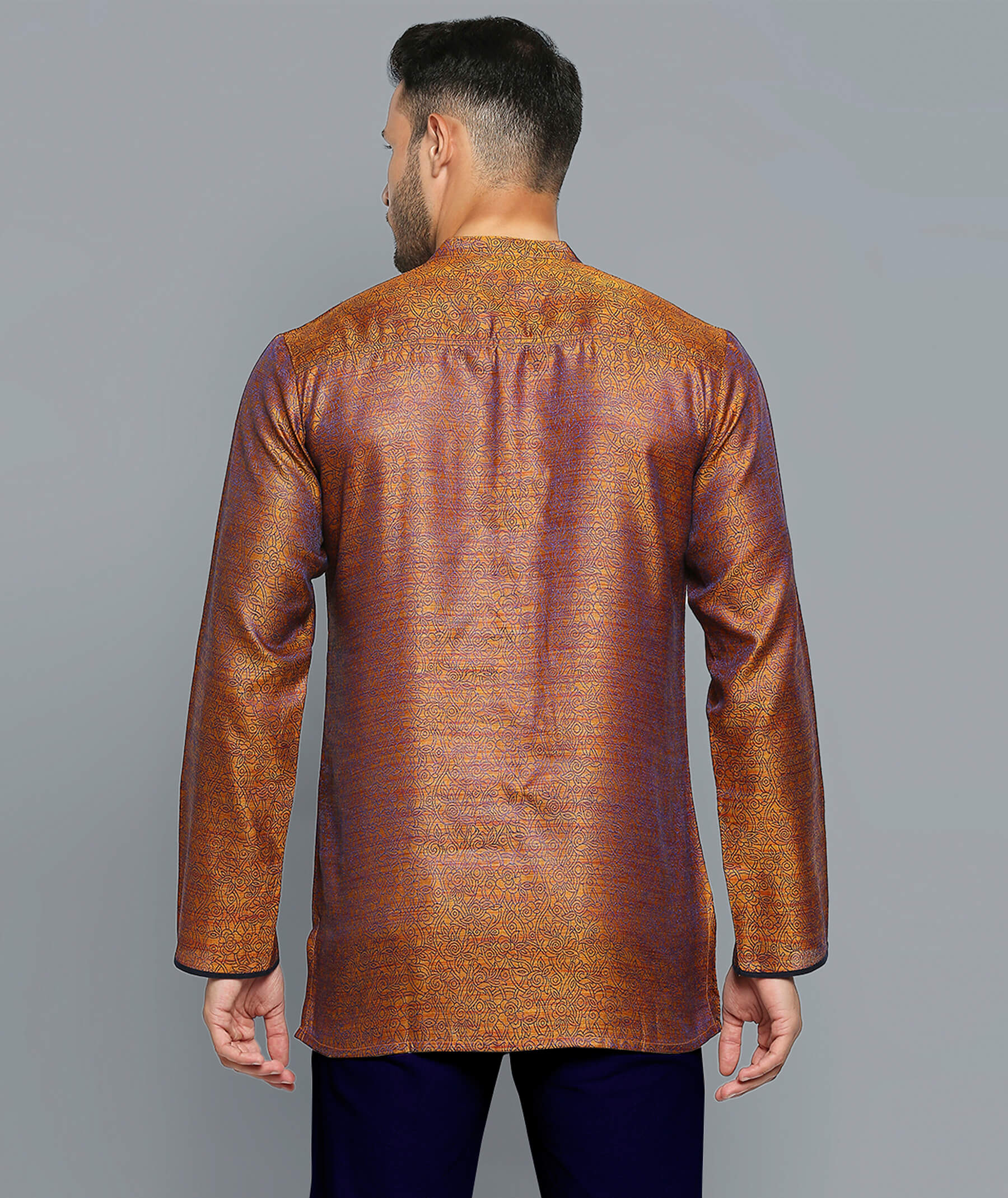 Golden Banarsi poly cotton blue thread weave men short kurta - Image 4