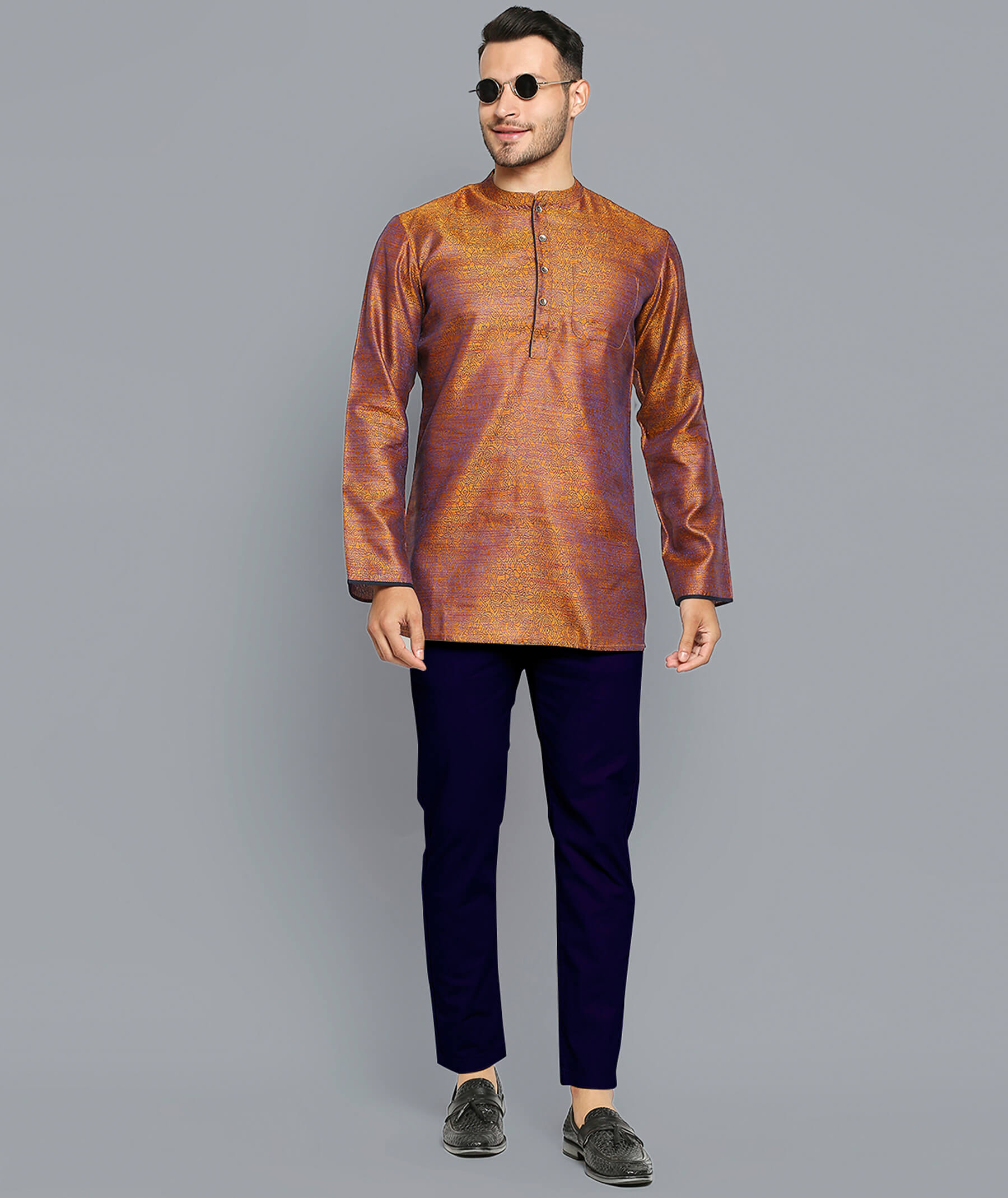 Golden Banarsi poly cotton blue thread weave men short kurta - Image 5
