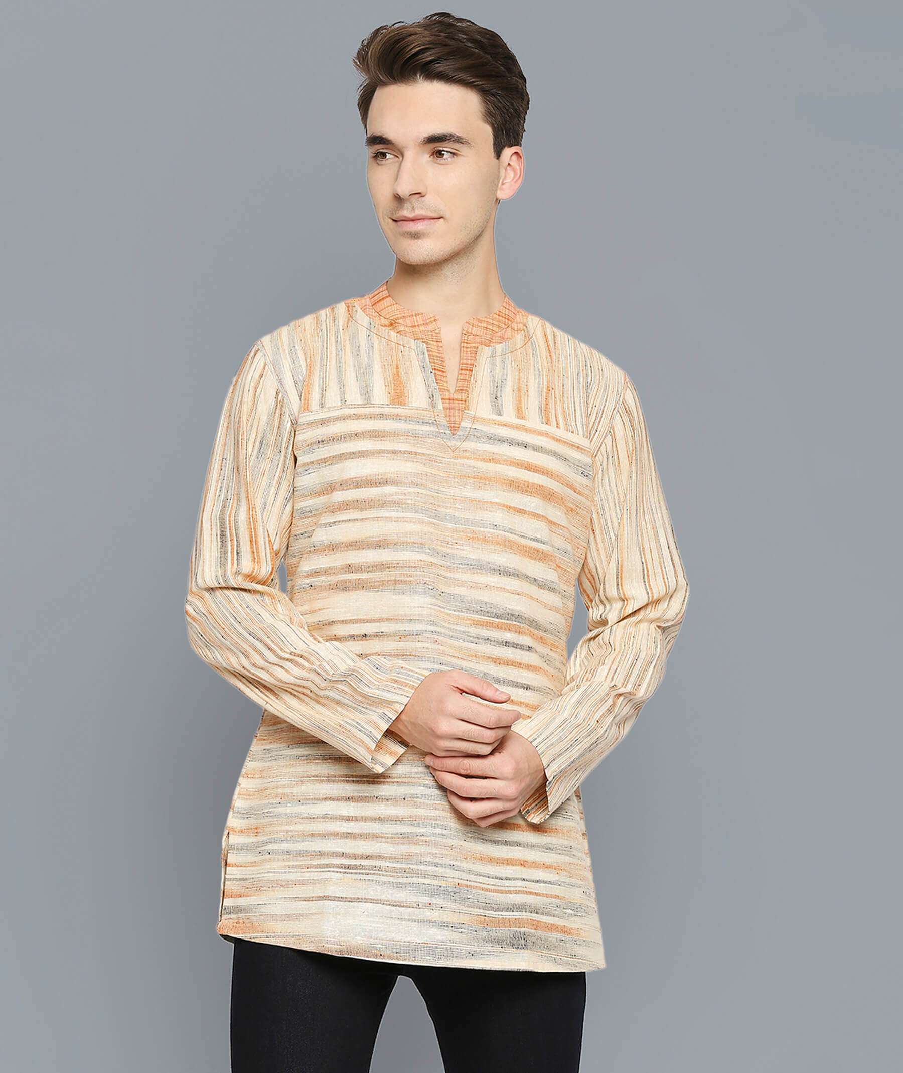 Orange beige cotton handloom stripes men short kurta