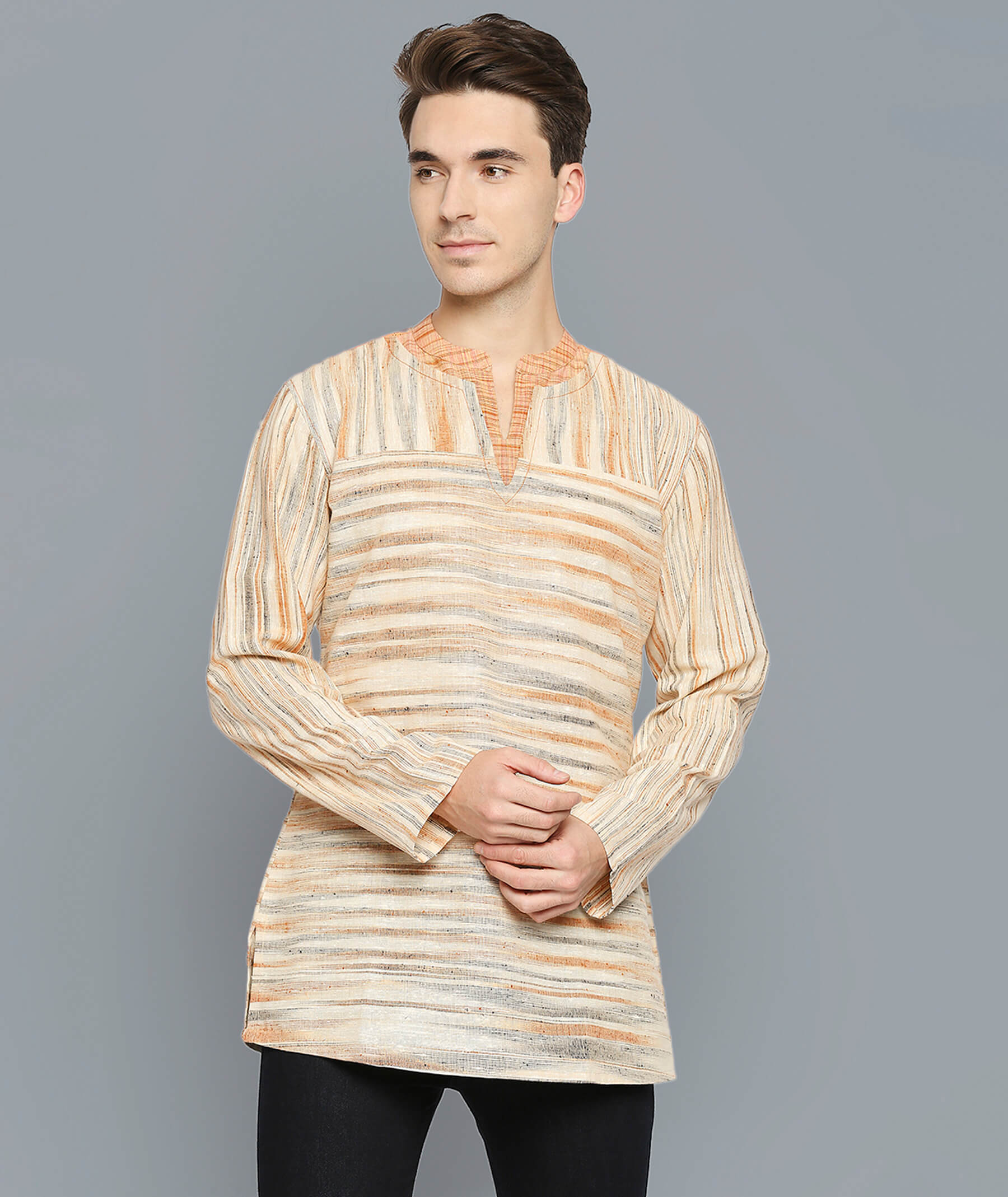 Orange beige cotton handloom stripes men short kurta - Image 2