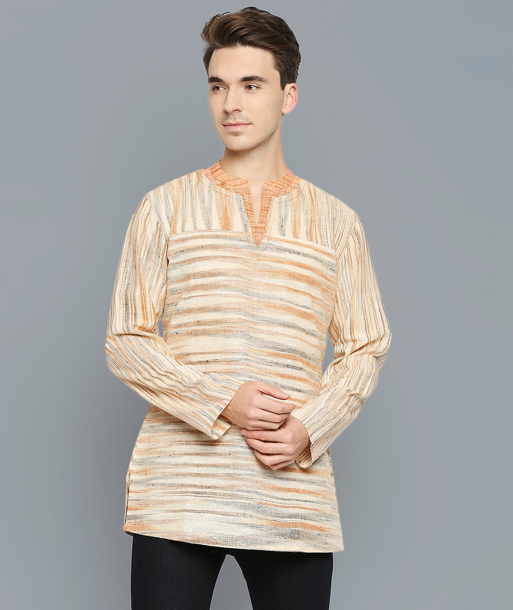 Orange beige cotton handloom stripes men short kurta