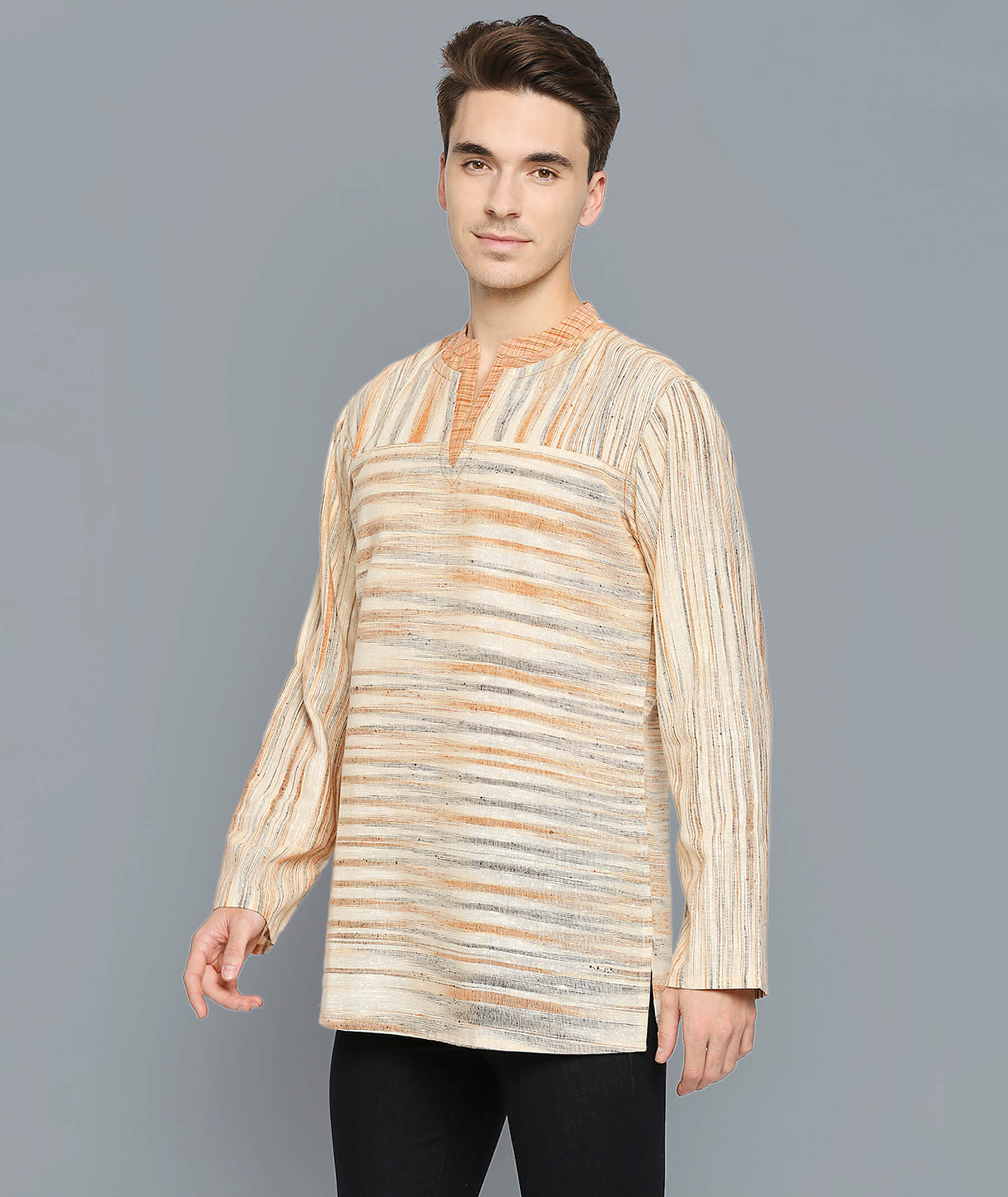 Orange beige cotton handloom stripes men short kurta - Image 4