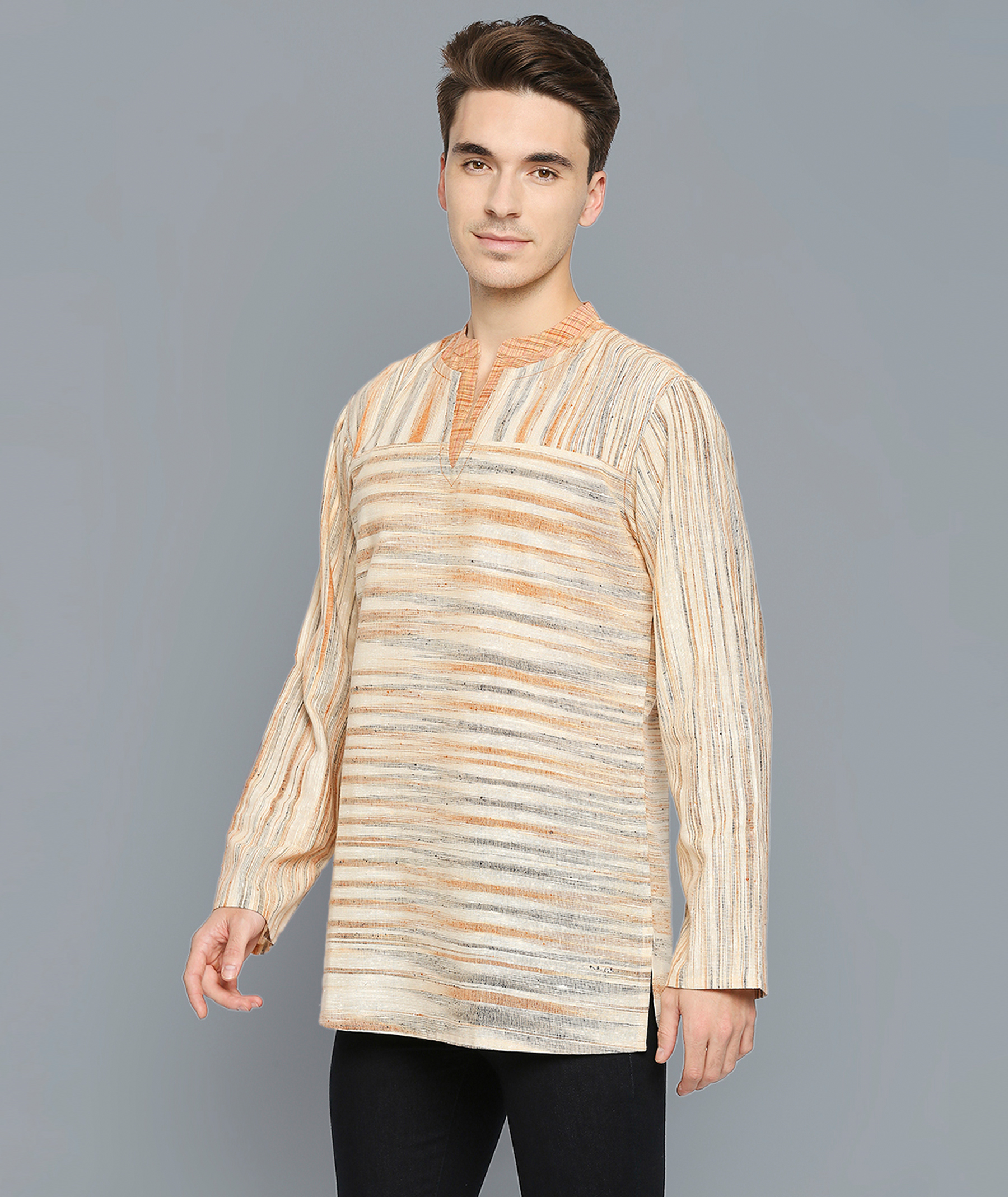 Orange beige cotton handloom stripes men short kurta - Image 5