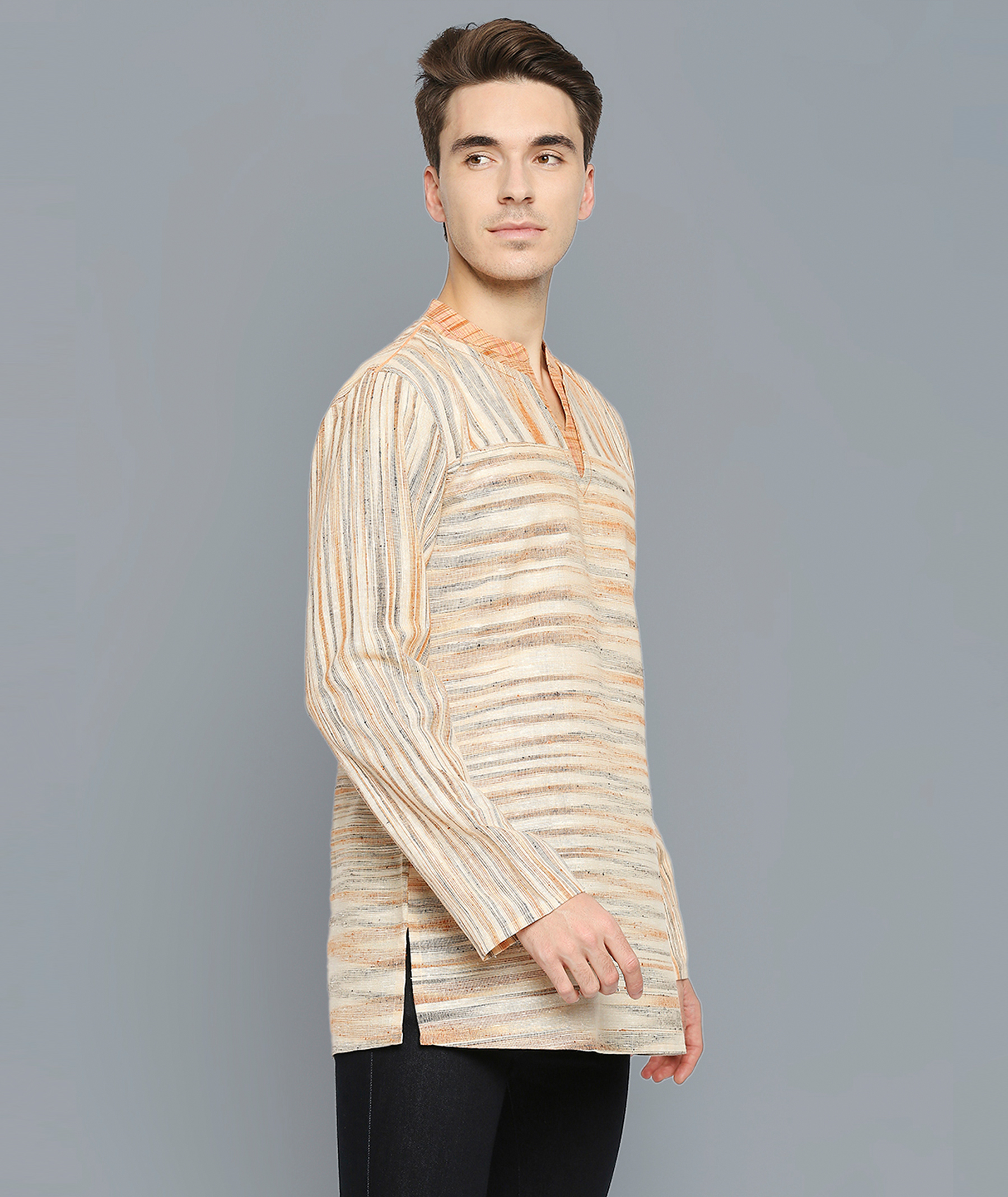 Orange beige cotton handloom stripes men short kurta - Image 2