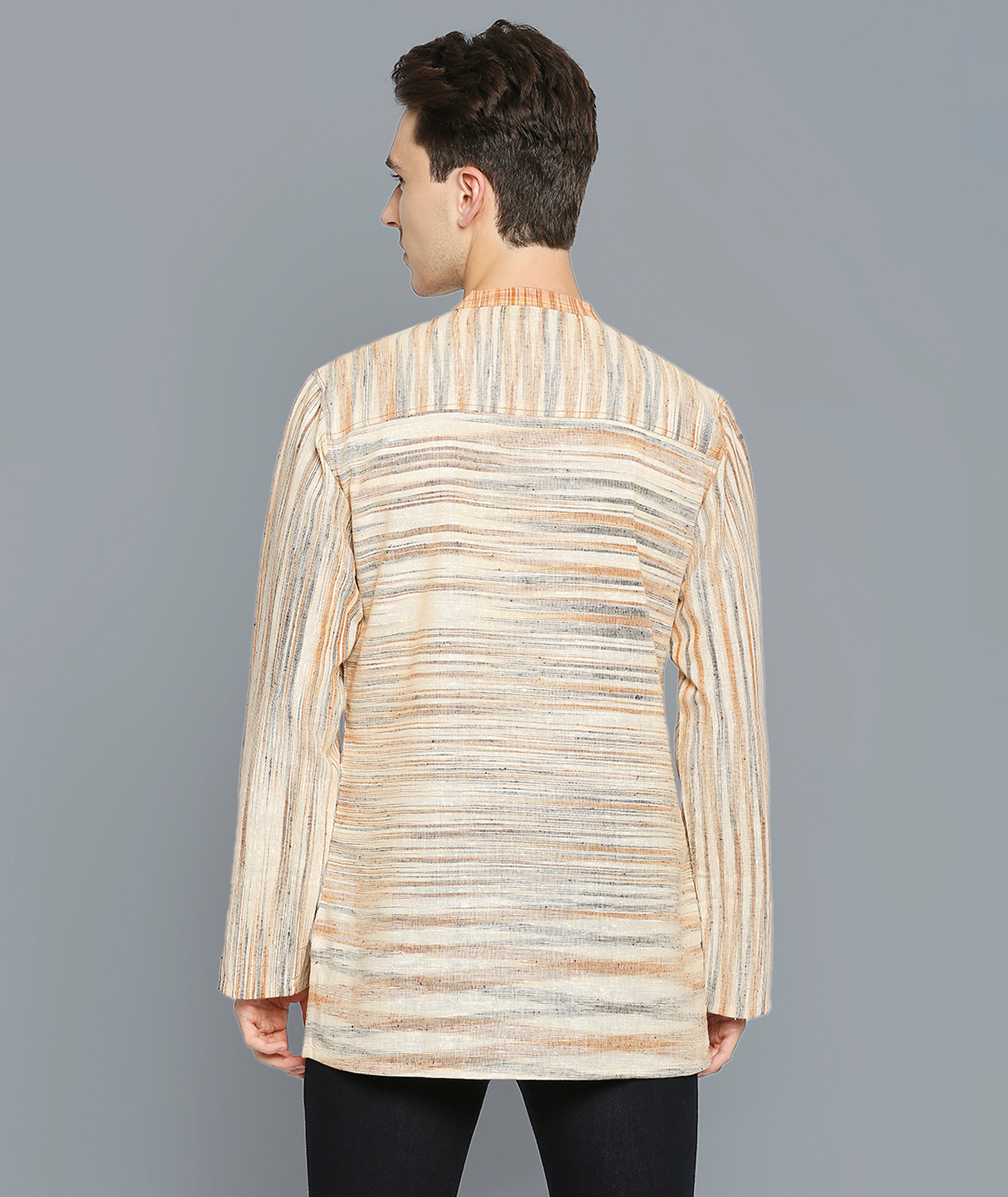 Orange beige cotton handloom stripes men short kurta - Image 6