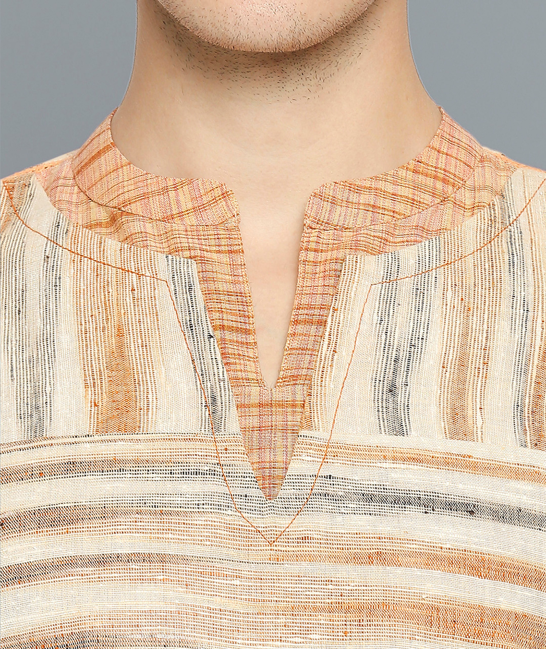 Orange beige cotton handloom stripes men short kurta - Image 3