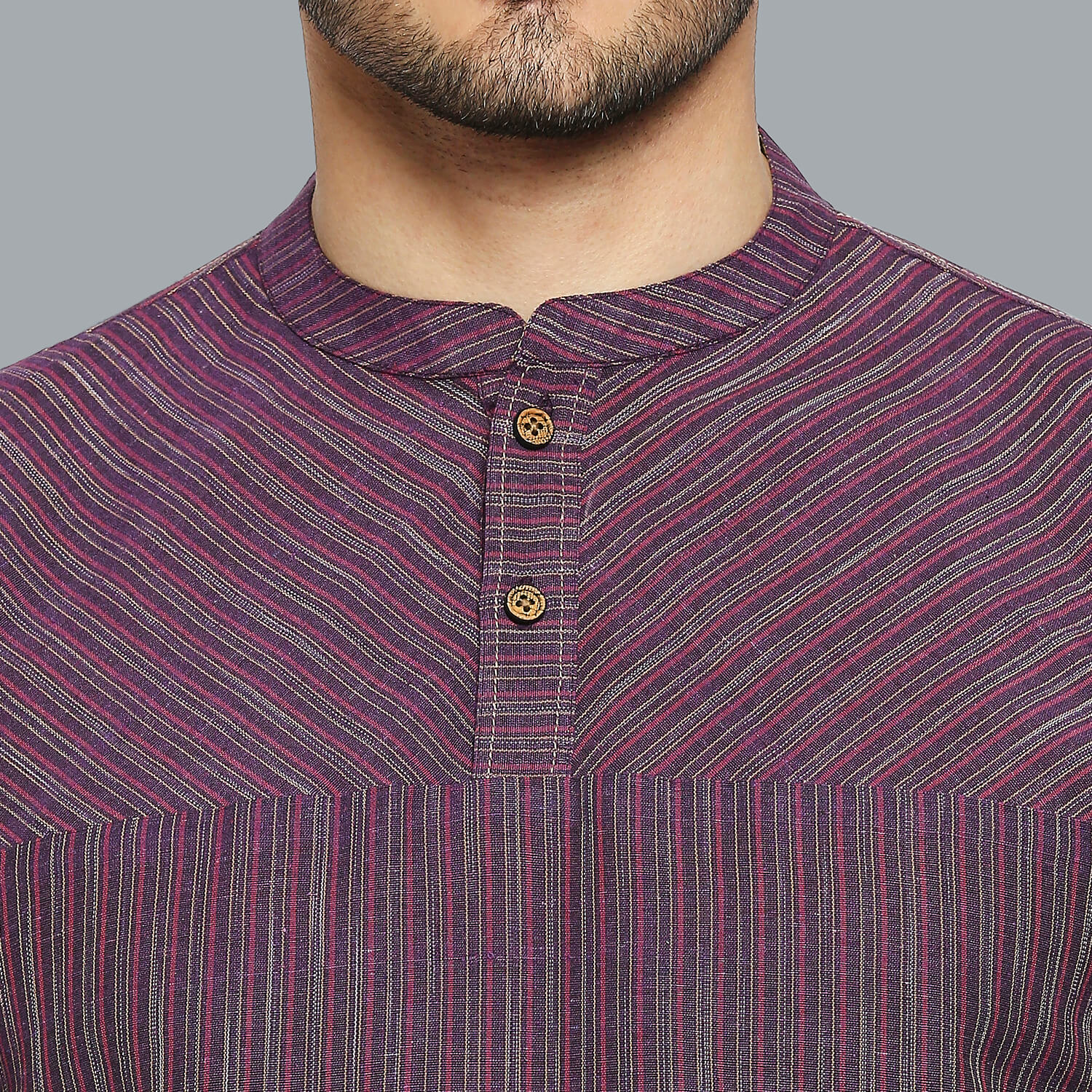 Mulbarry colour yellow stripes cotton men short kurta - Image 6