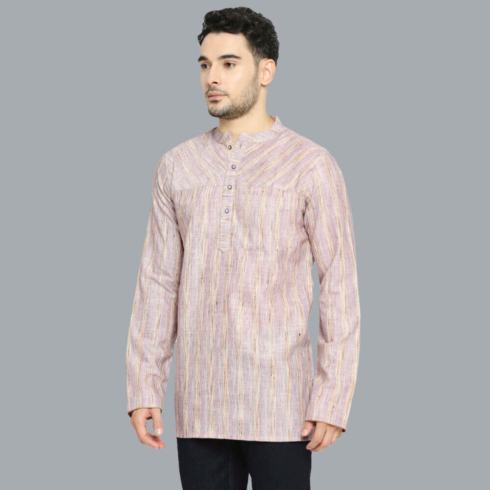 Lilac color poly cotton beige stripes, yoke pattern men short kurta - Image 2