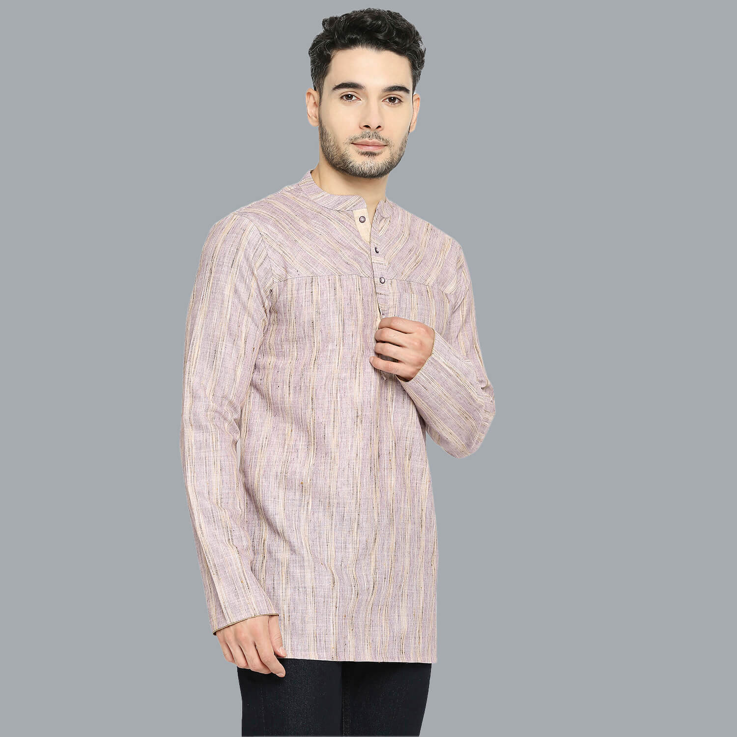 Lilac color poly cotton beige stripes, yoke pattern men short kurta - Image 3