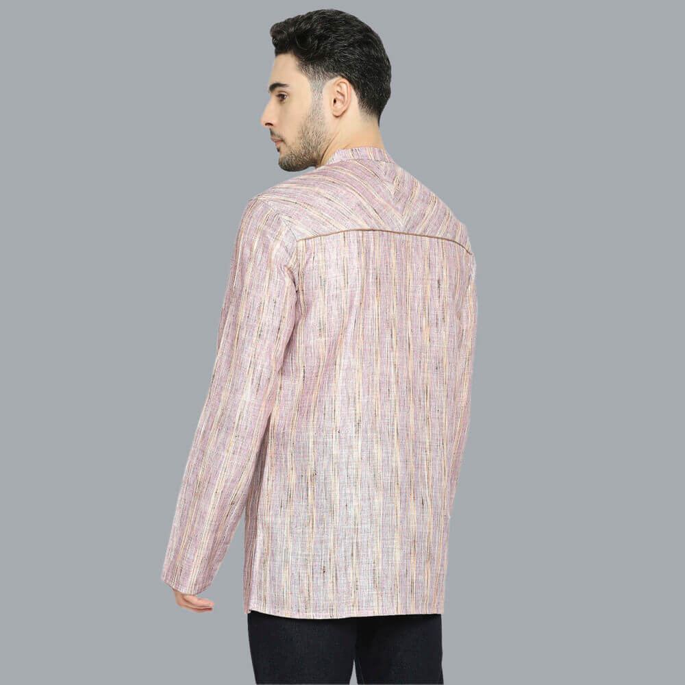 Lilac color poly cotton beige stripes, yoke pattern men short kurta - Image 4