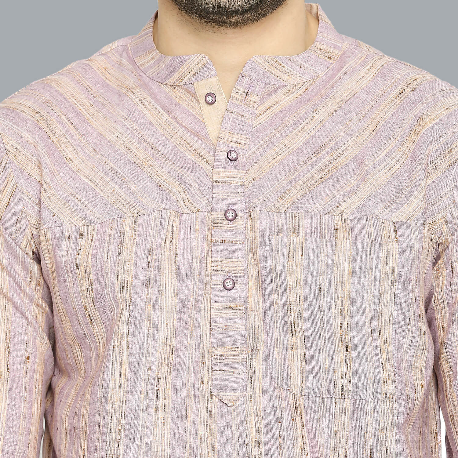 Lilac color poly cotton beige stripes, yoke pattern men short kurta - Image 5