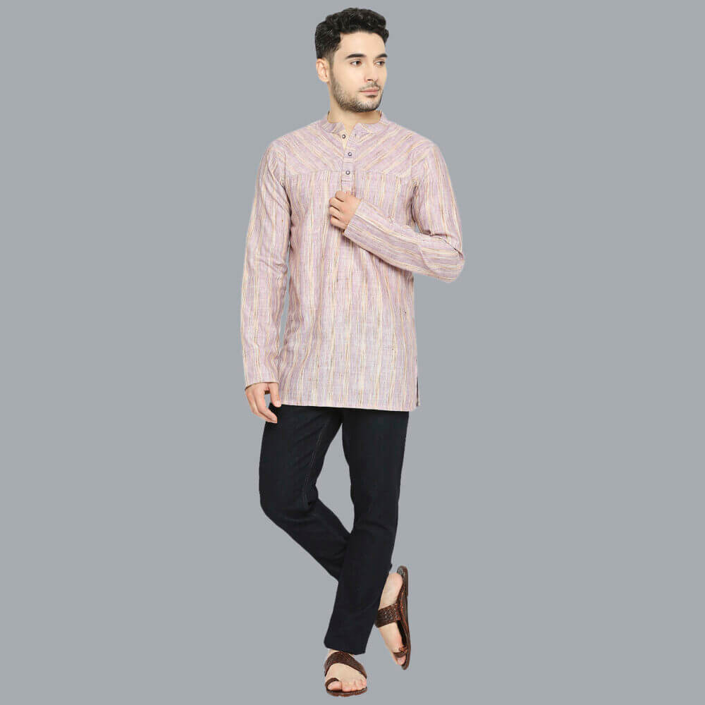 Lilac color poly cotton beige stripes, yoke pattern men short kurta - Image 6