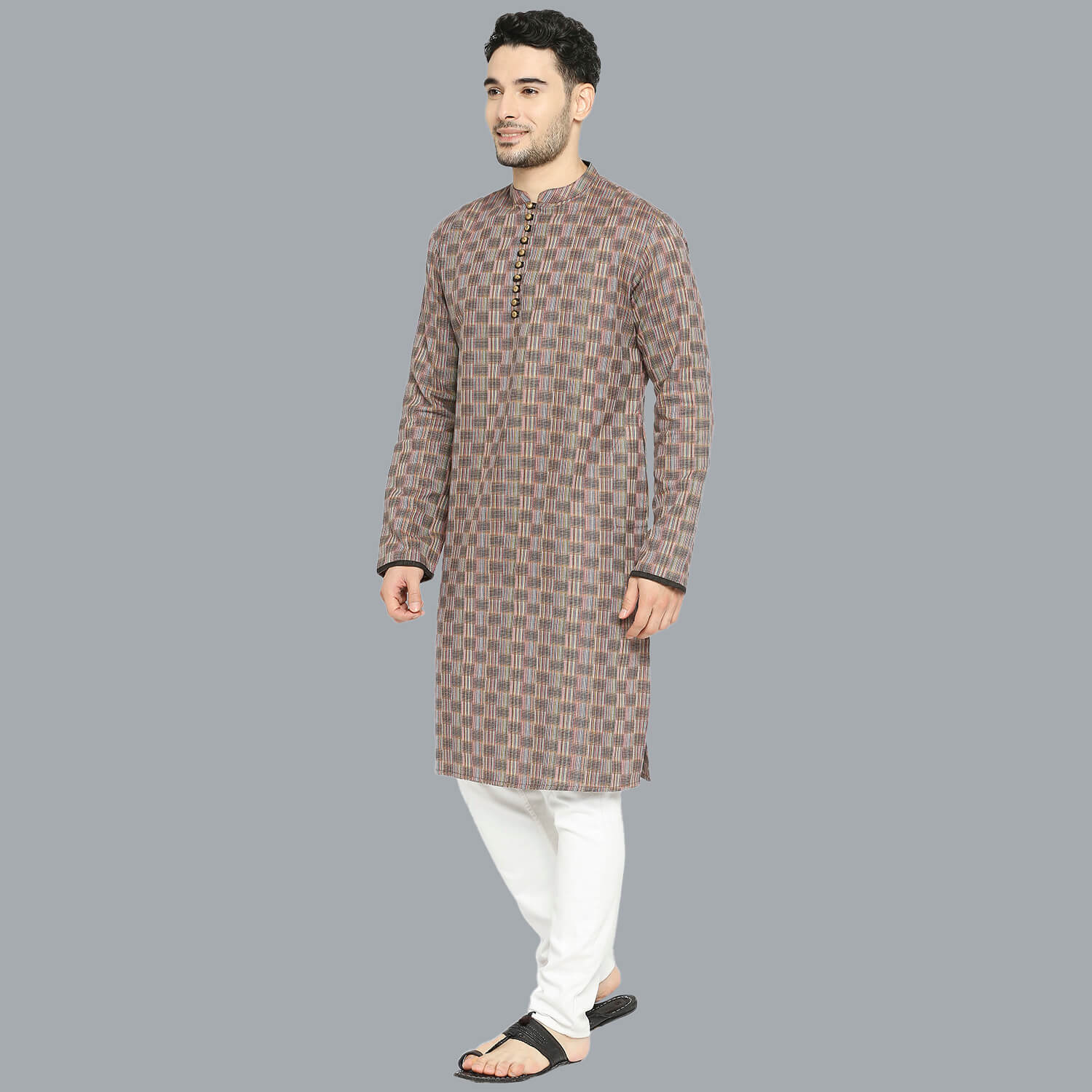 Brown color cotton multithreads checkers men long kurta - Image 2