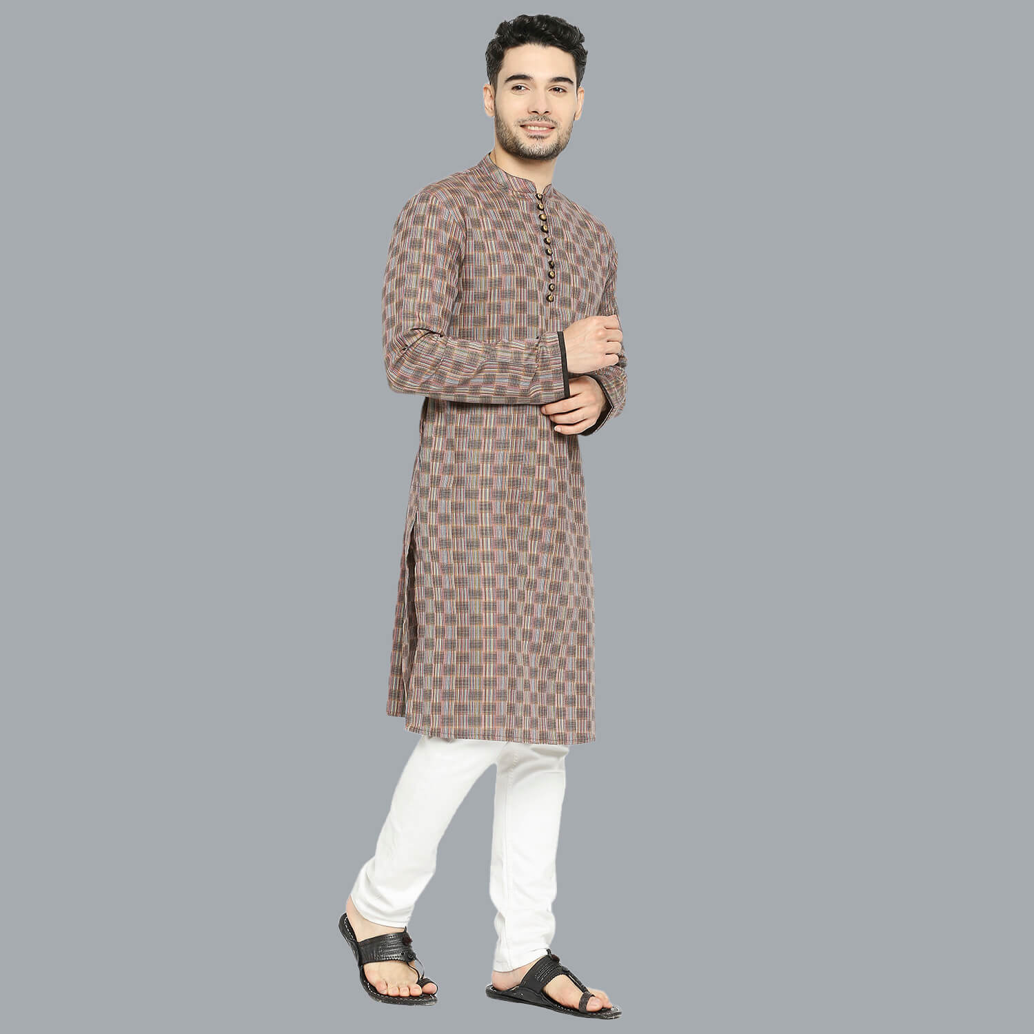 Brown color cotton multithreads checkers men long kurta - Image 3