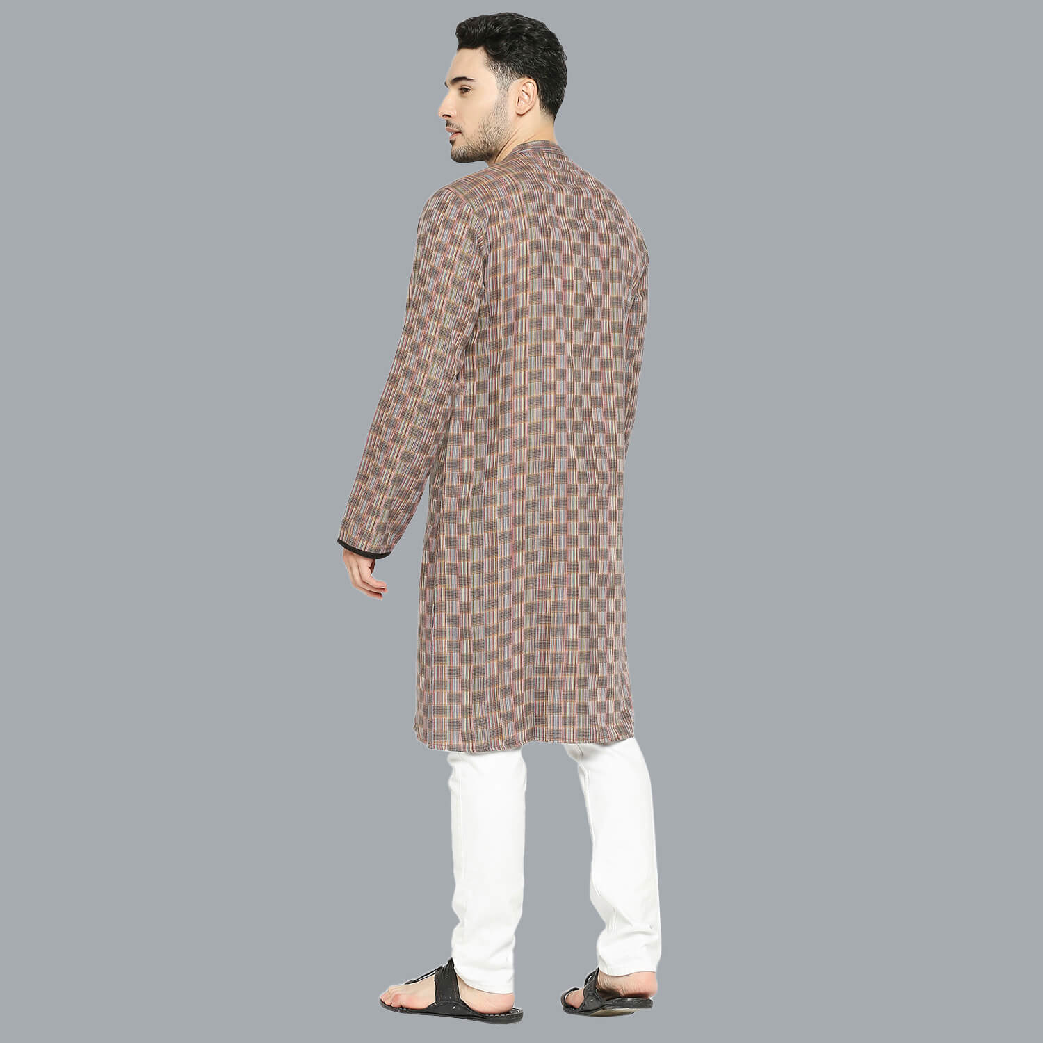 Brown color cotton multithreads checkers men long kurta - Image 4