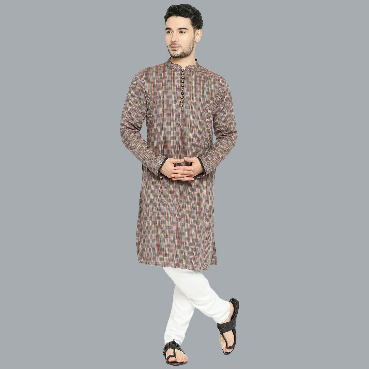 Brown color cotton multithreads checkers men long kurta - Image 6